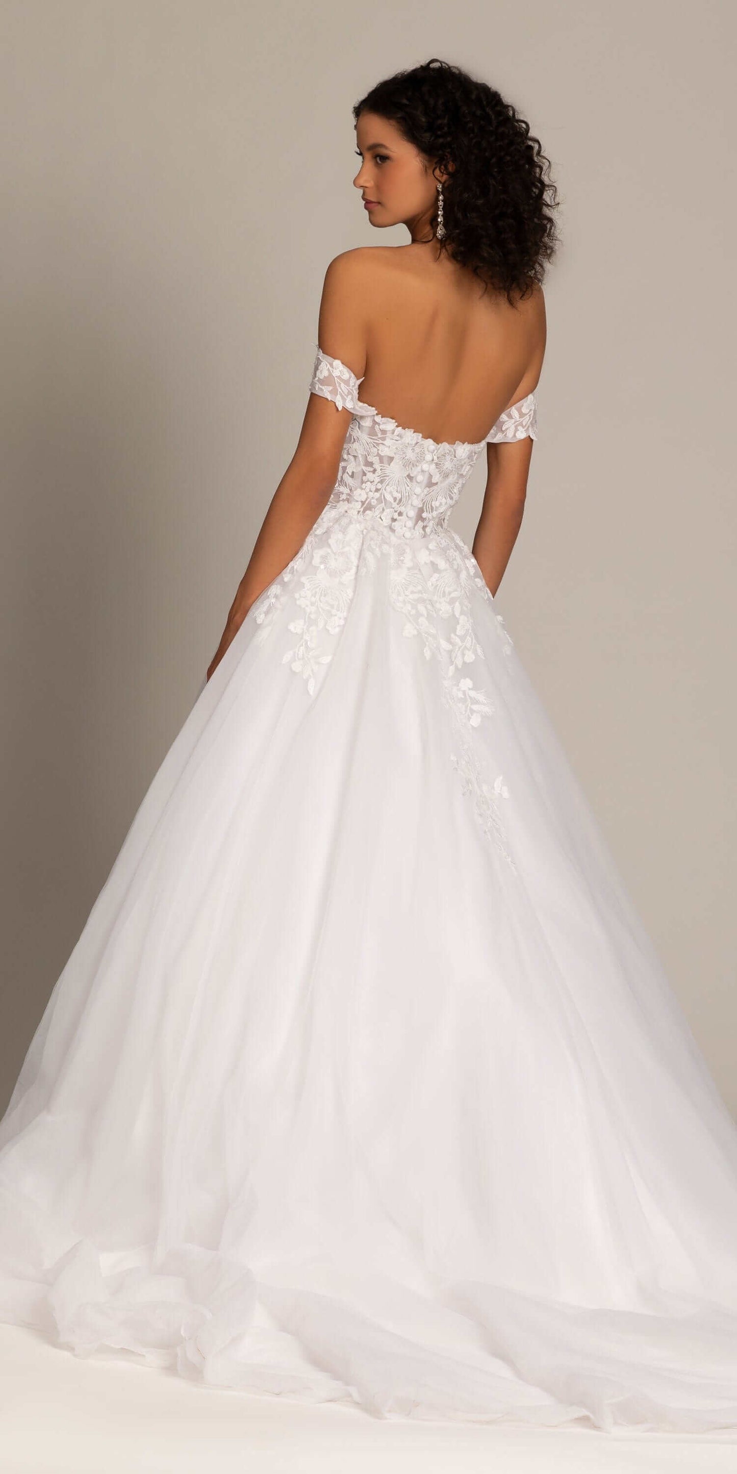 ivory/size/6/missy/Camille La Vie/Embroidered Off the Shoulder Tulle Ballgown with Floral Detail/Back