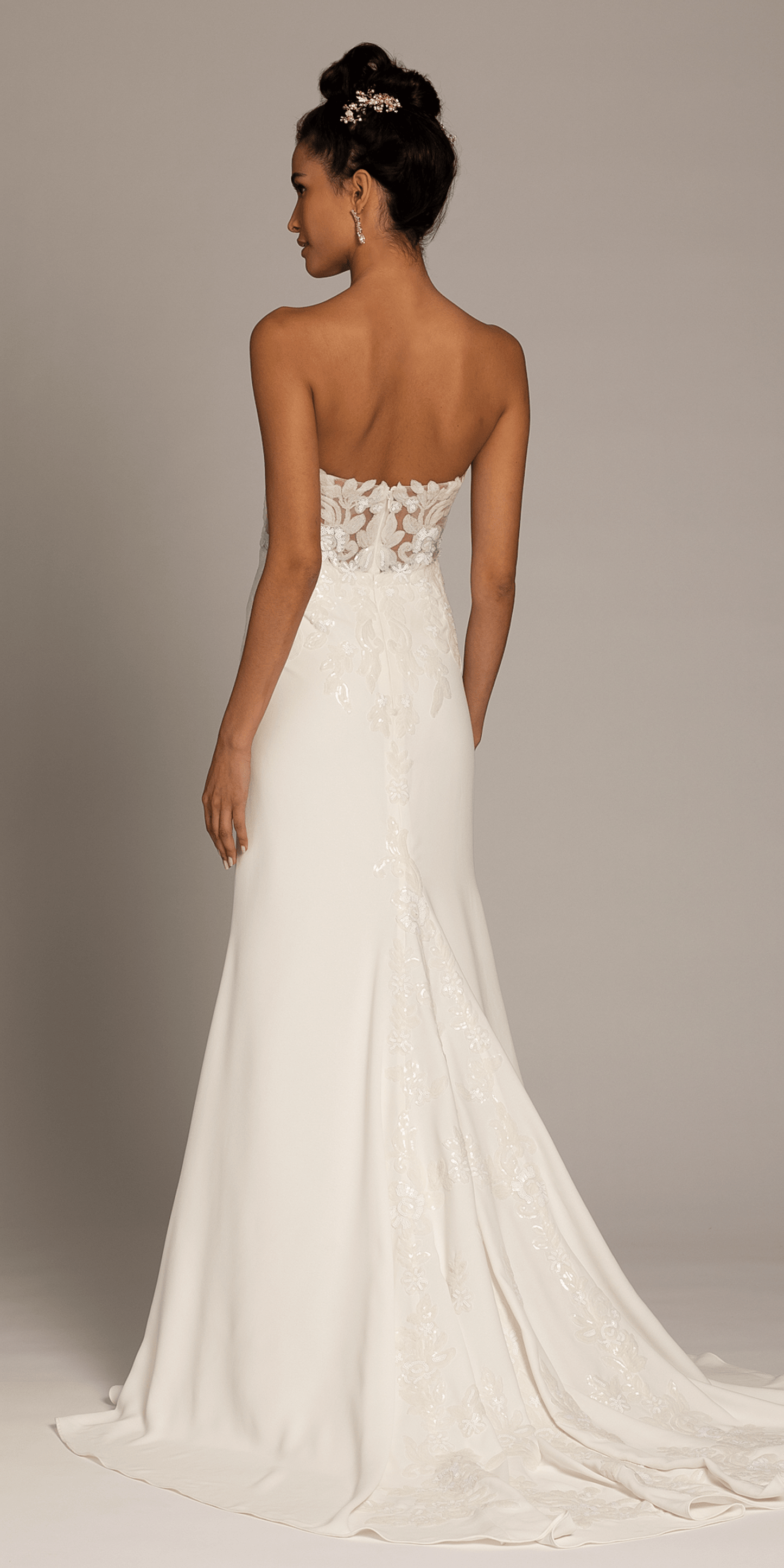 Camille La Vie Sweetheart Crepe Trumpet Dress with Sequin Cascade Train