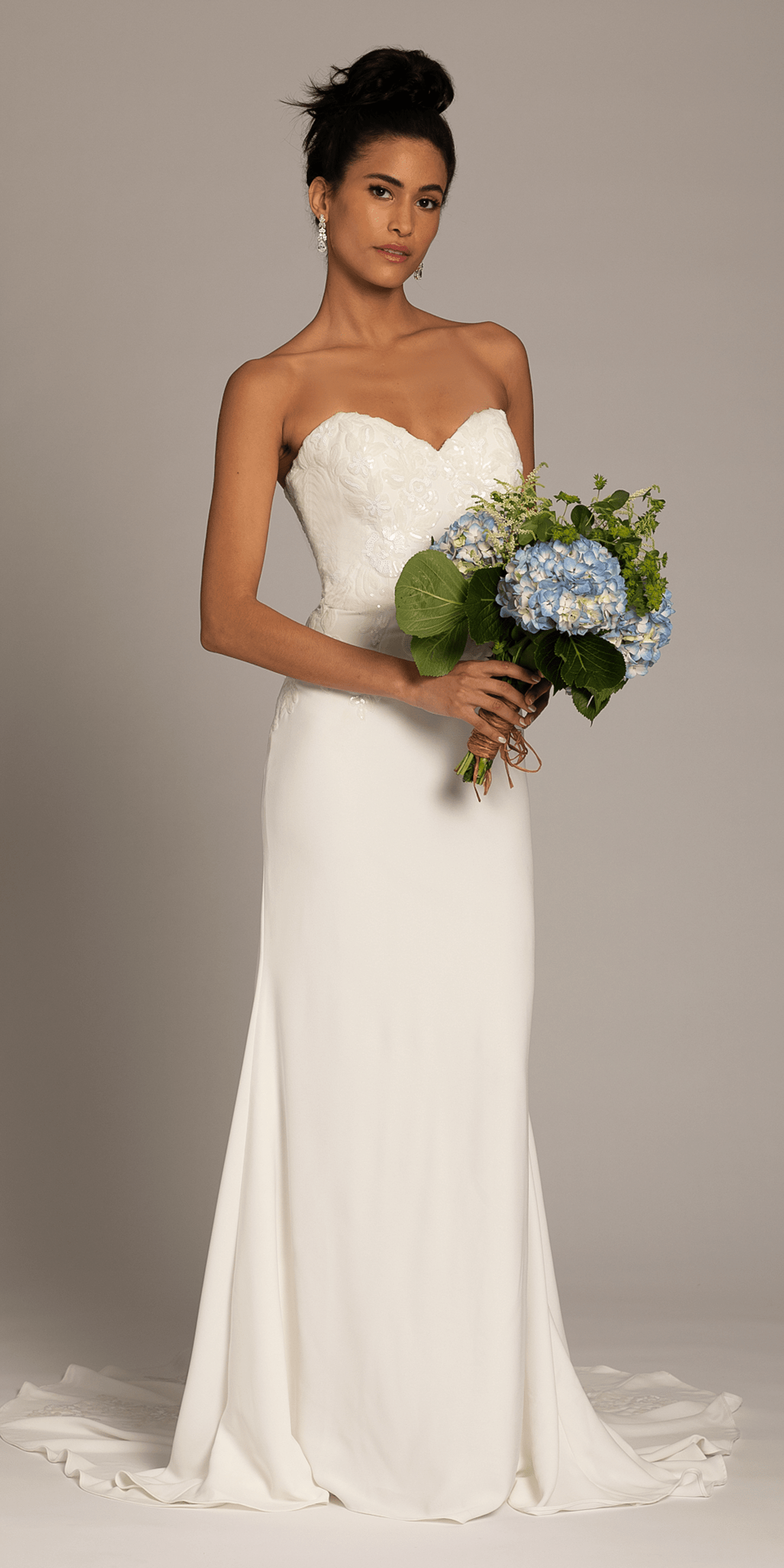Camille La Vie Sweetheart Crepe Trumpet Dress with Sequin Cascade Train