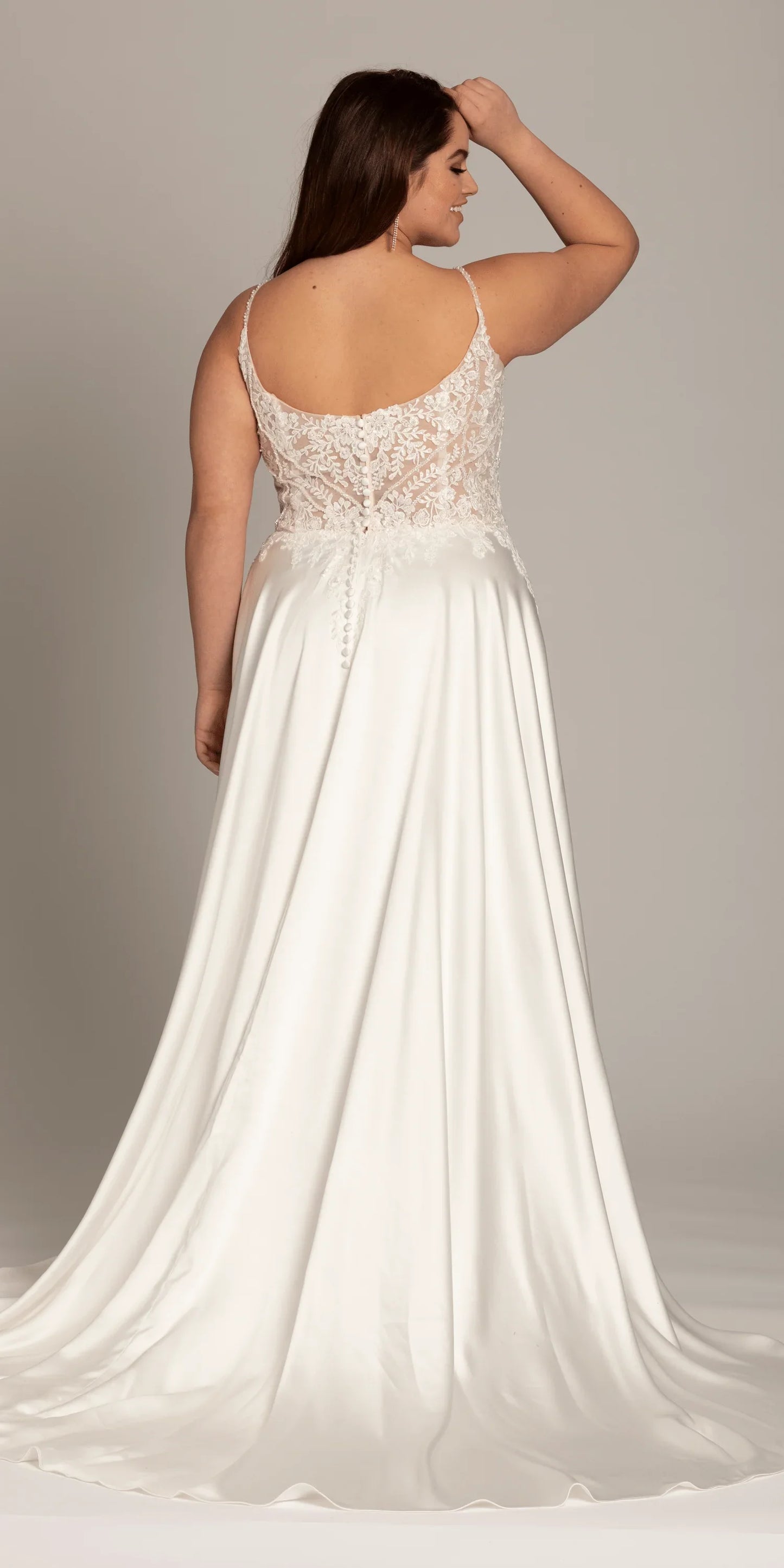 ivory/size/14/plus/Camille La Vie/Satin Plunging A Line Dress with Leaf Beading Detail/back alt