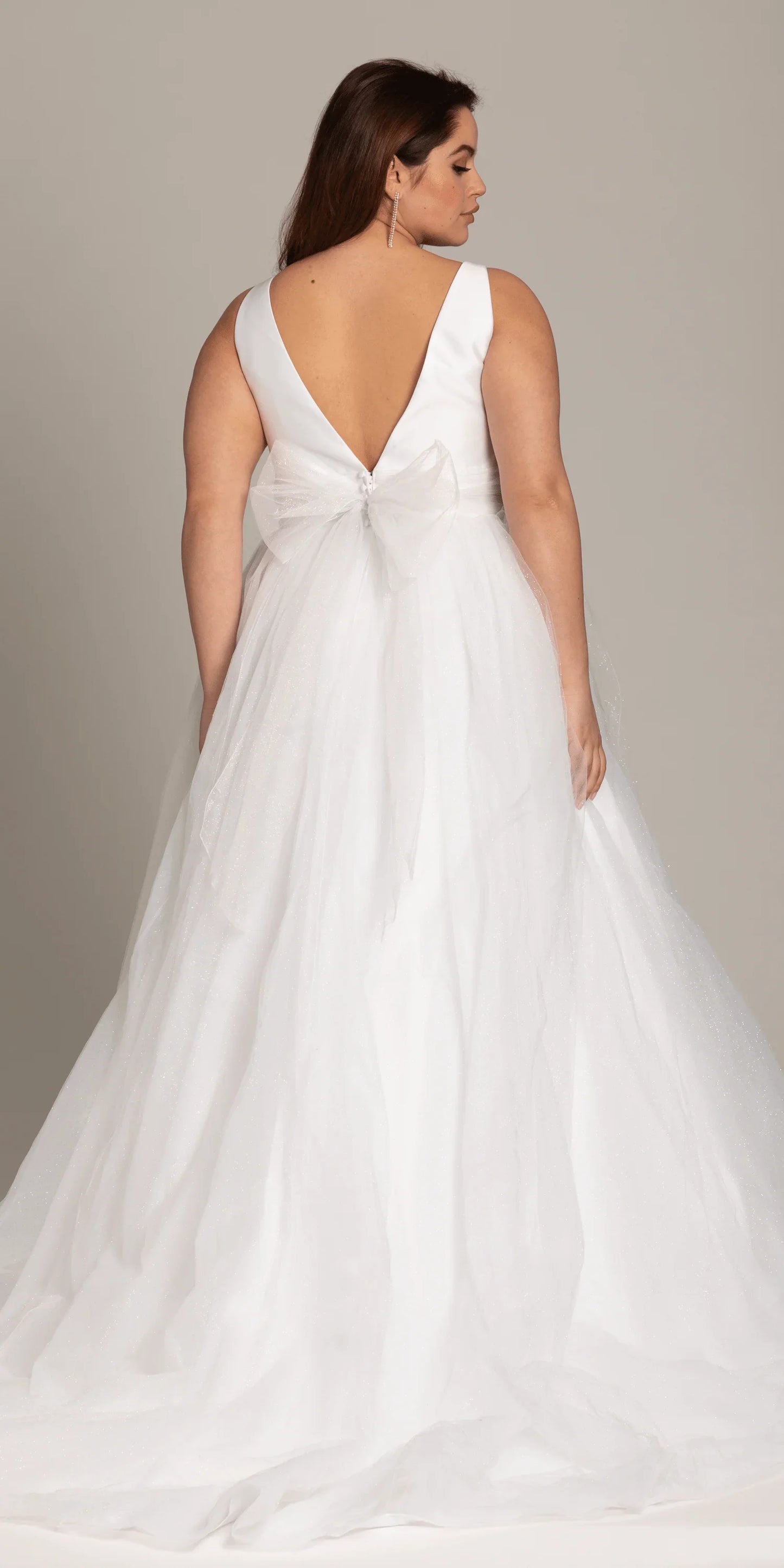 white/size/14/plus/ Camille La Vie/Plunging Mikado Glitter Ballgown with Bow Back /back