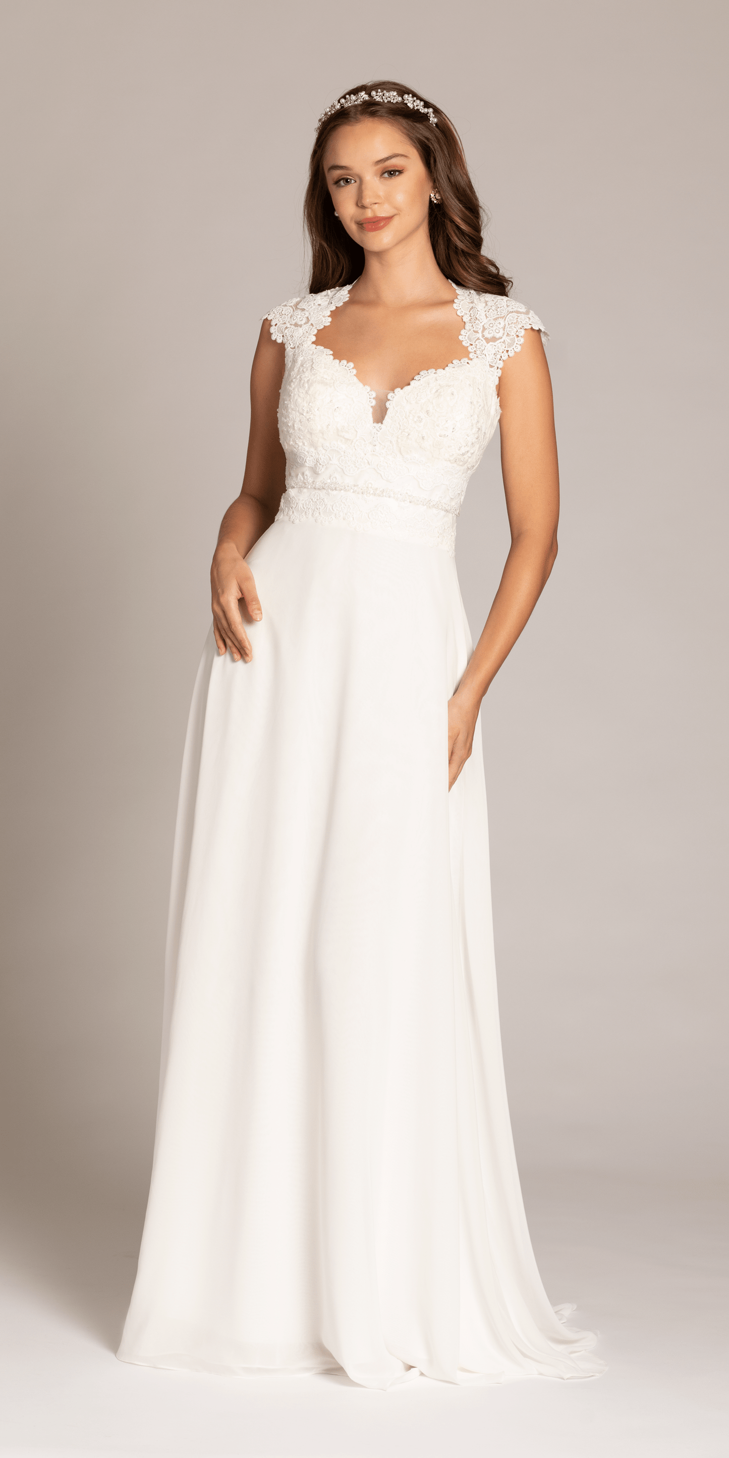 Camille La Vie/ Cap Sleeve Crocheted Illusion Back Chiffon A Line Dress/Ivory/Missy/Size 6/front