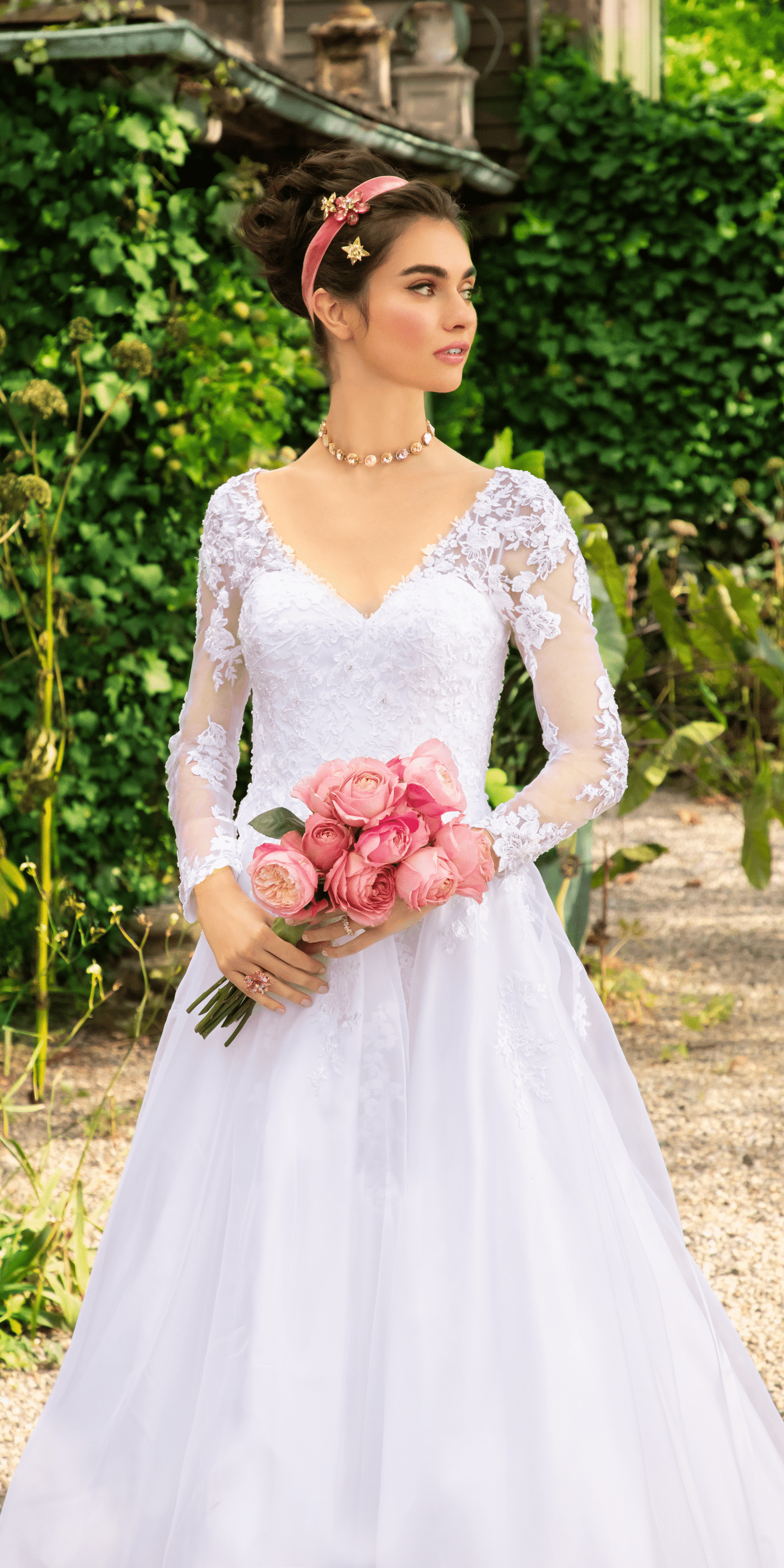 Camille La Vie Organza V Neck Long Sleeve Lace Up Back Ballgown with Embellished Appliques