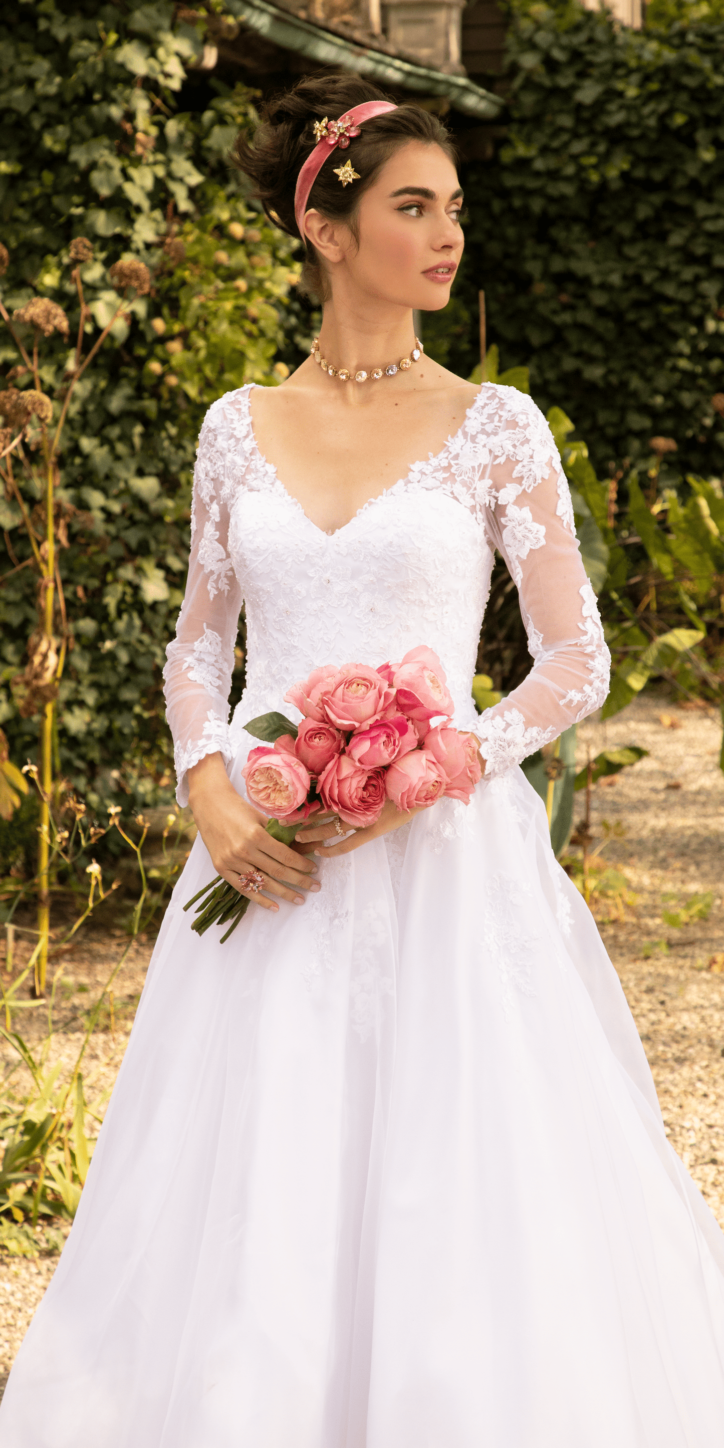 Camille La Vie Organza V Neck Long Sleeve Lace Up Back Ballgown with Embellished Appliques