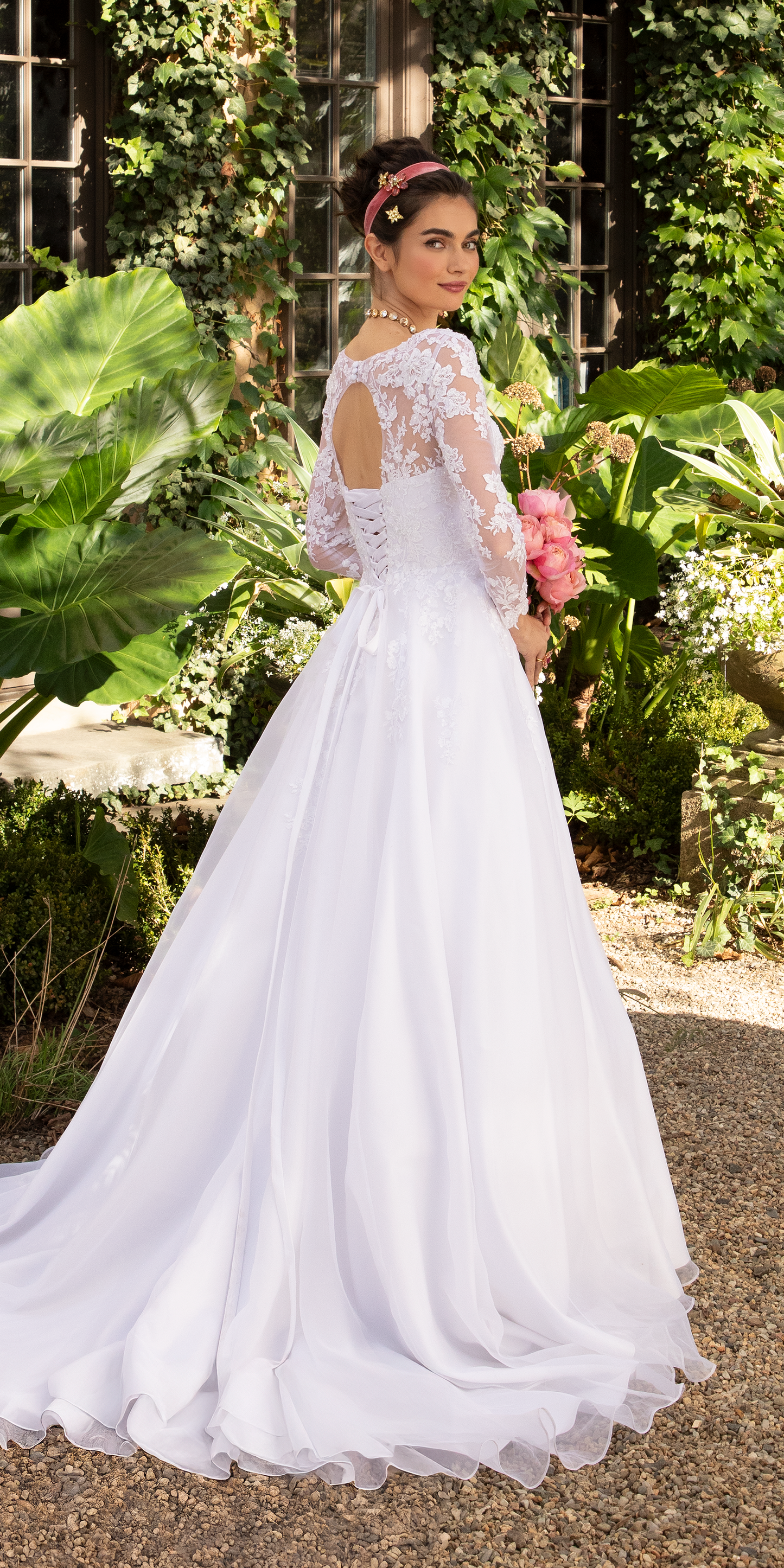Camille La Vie Organza V Neck Long Sleeve Lace Up Back Ballgown with Embellished Appliques