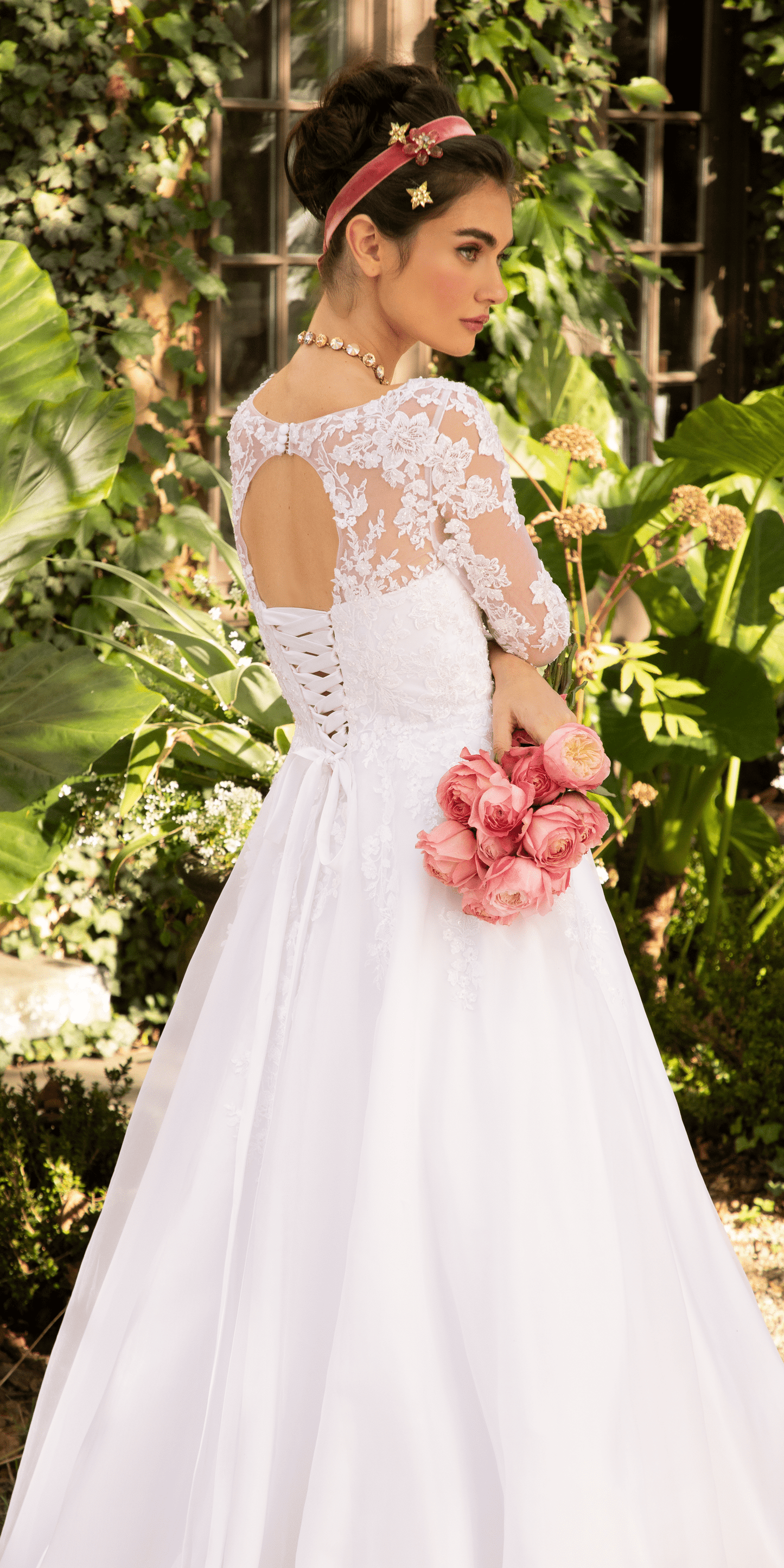Camille La Vie Organza V Neck Long Sleeve Lace Up Back Ballgown with Embellished Appliques
