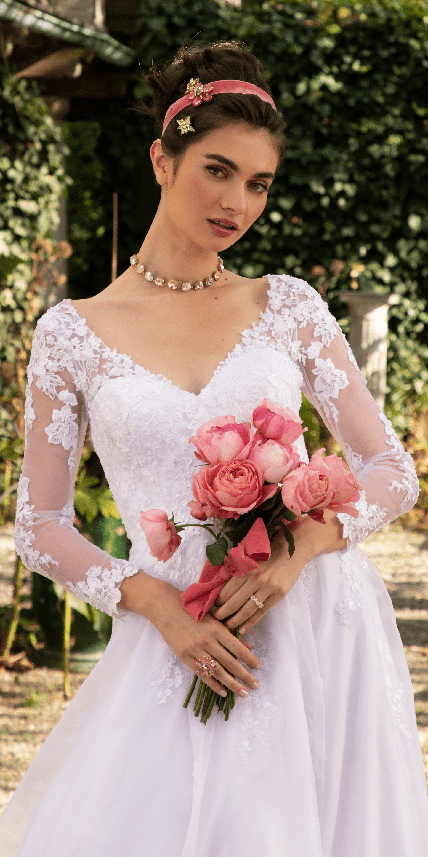 Camille La Vie Organza V Neck Long Sleeve Lace Up Back Ballgown with Embellished Appliques