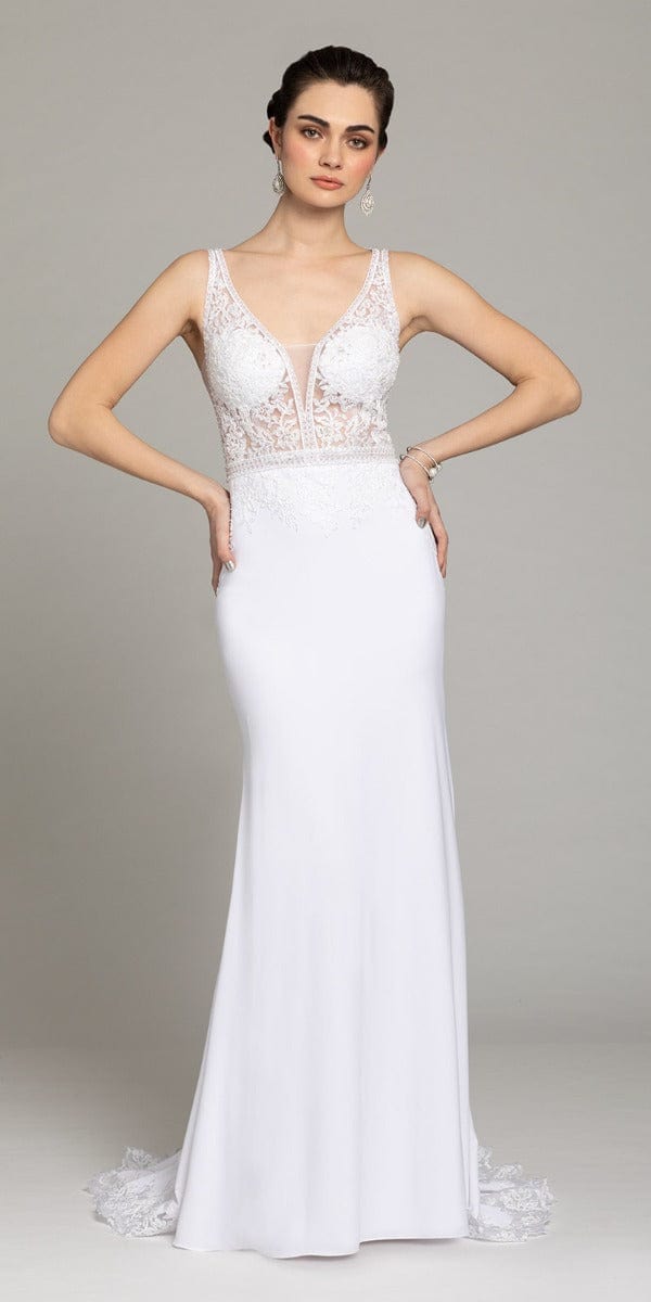 Camille La Vie Beaded Lace Illusion V Neck Crepe Trumpet Dress missy / 0 / white