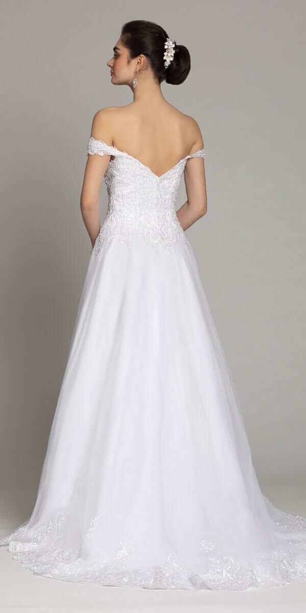 white/size/4/missy/Camille La Vie/Off the Shoulder Lace Satin A-Line Gown/back