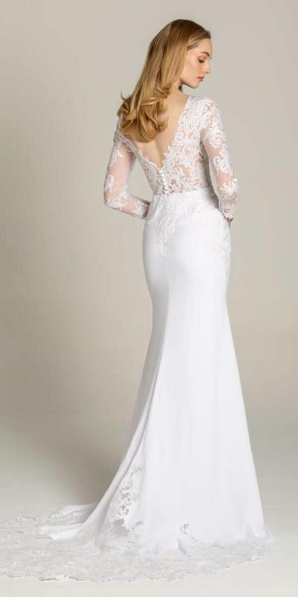 white/size/4/missy/Camille La Vie/Long Sleeve V Back Crepe Dress with Embellished Appliques /back