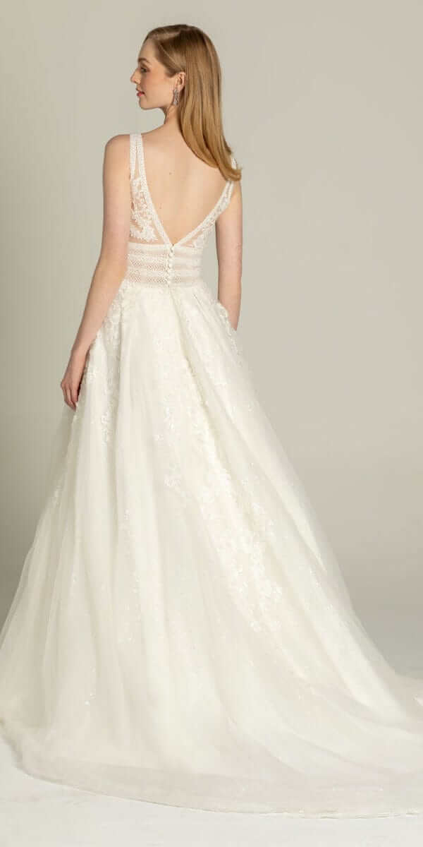 ivory/size/6/missy/Camille La Vie/Glitter Embroidered Plunging Box Pleat Tulle Ballgown/back