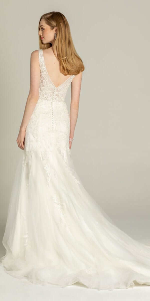 ivory/size/2/missy/Camille La Vie/Rhinestone Studded Embroidered Plunging Glitter Trumpet Dress/back