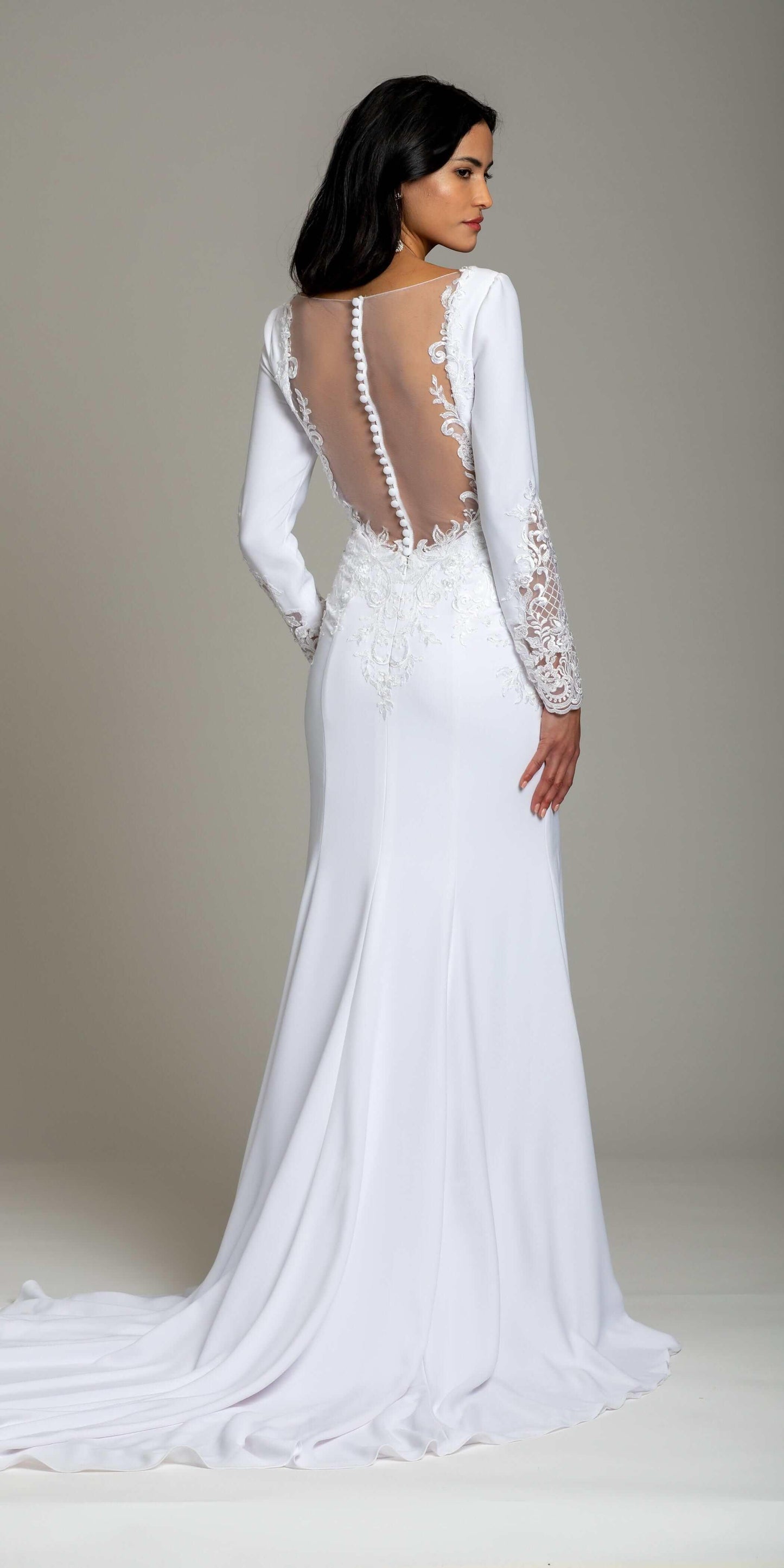 white/size/4/missy/Camille La Vie/Crepe Embroidered Long Sleeve Illusion Back Column Dress/back