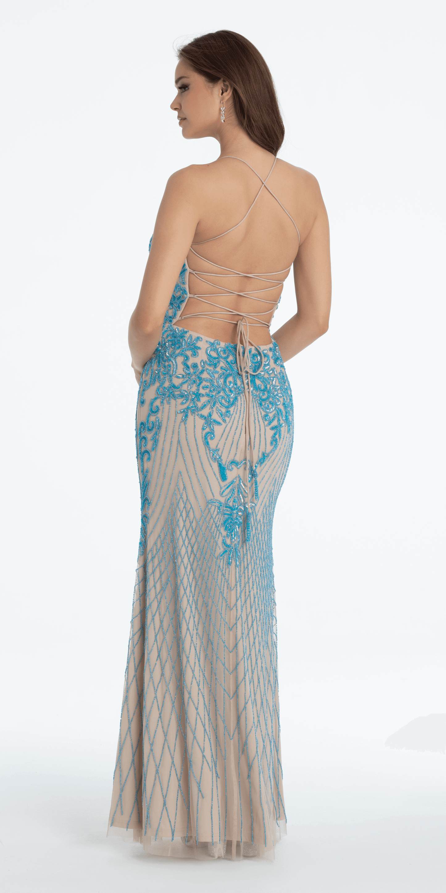 nude/size/00/missy/Camille La Vie/Strappy Back Mesh Beaded Sweetheart Column Dress/back