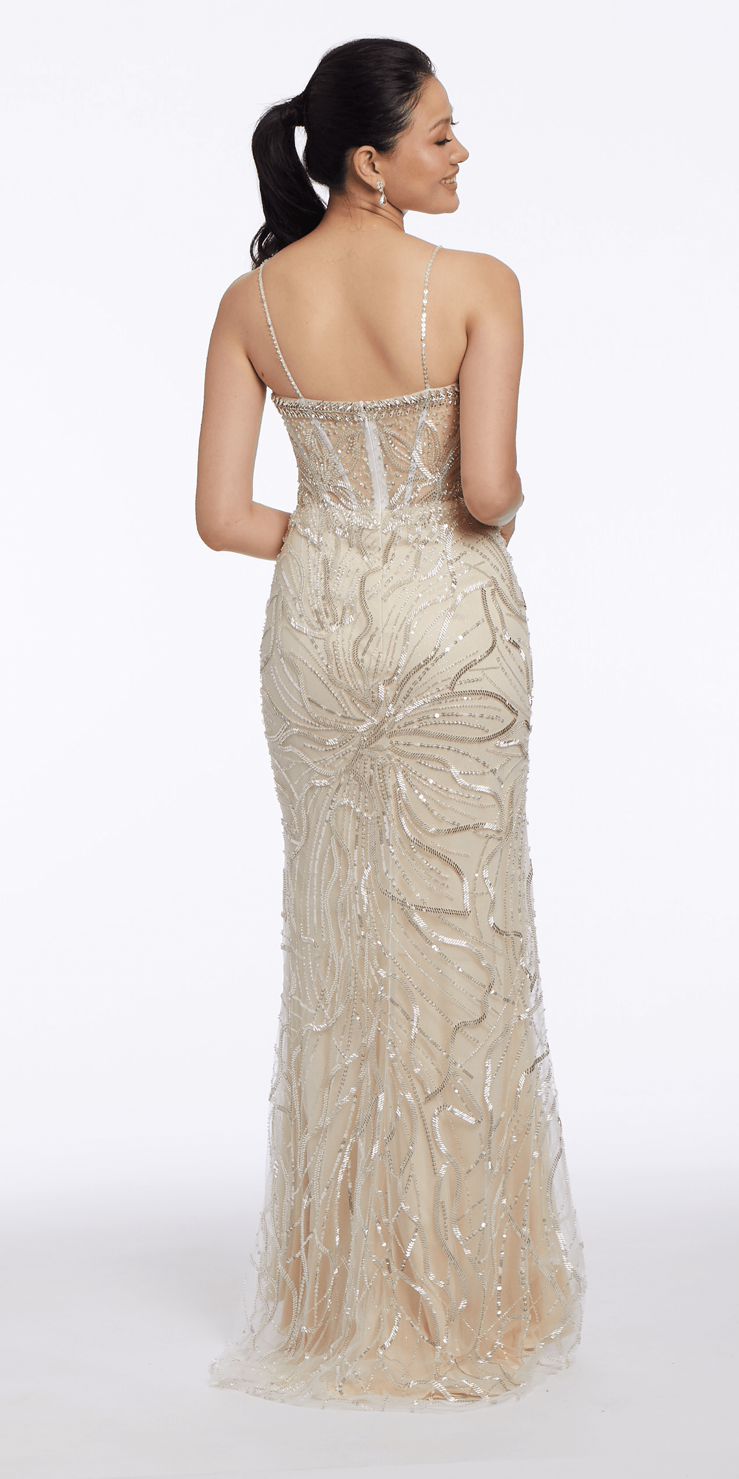 Camille La Vie Abstract Beaded Mesh Sweetheart Column Dress with Sheer Back Panel