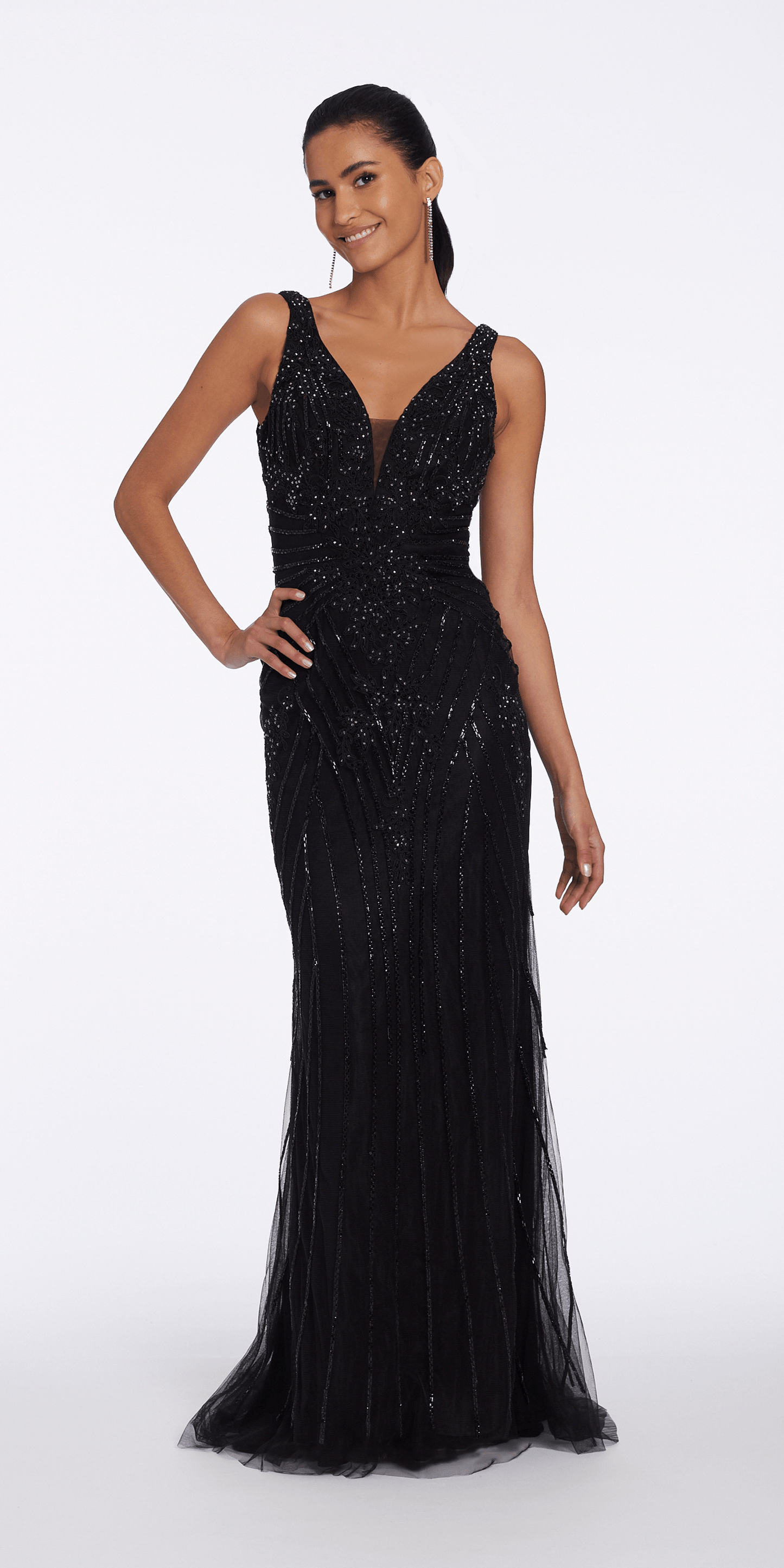 Camille La Vie Chevron Beaded Lace Plunge Trumpet Dress missy / 2 / black- gunmetal