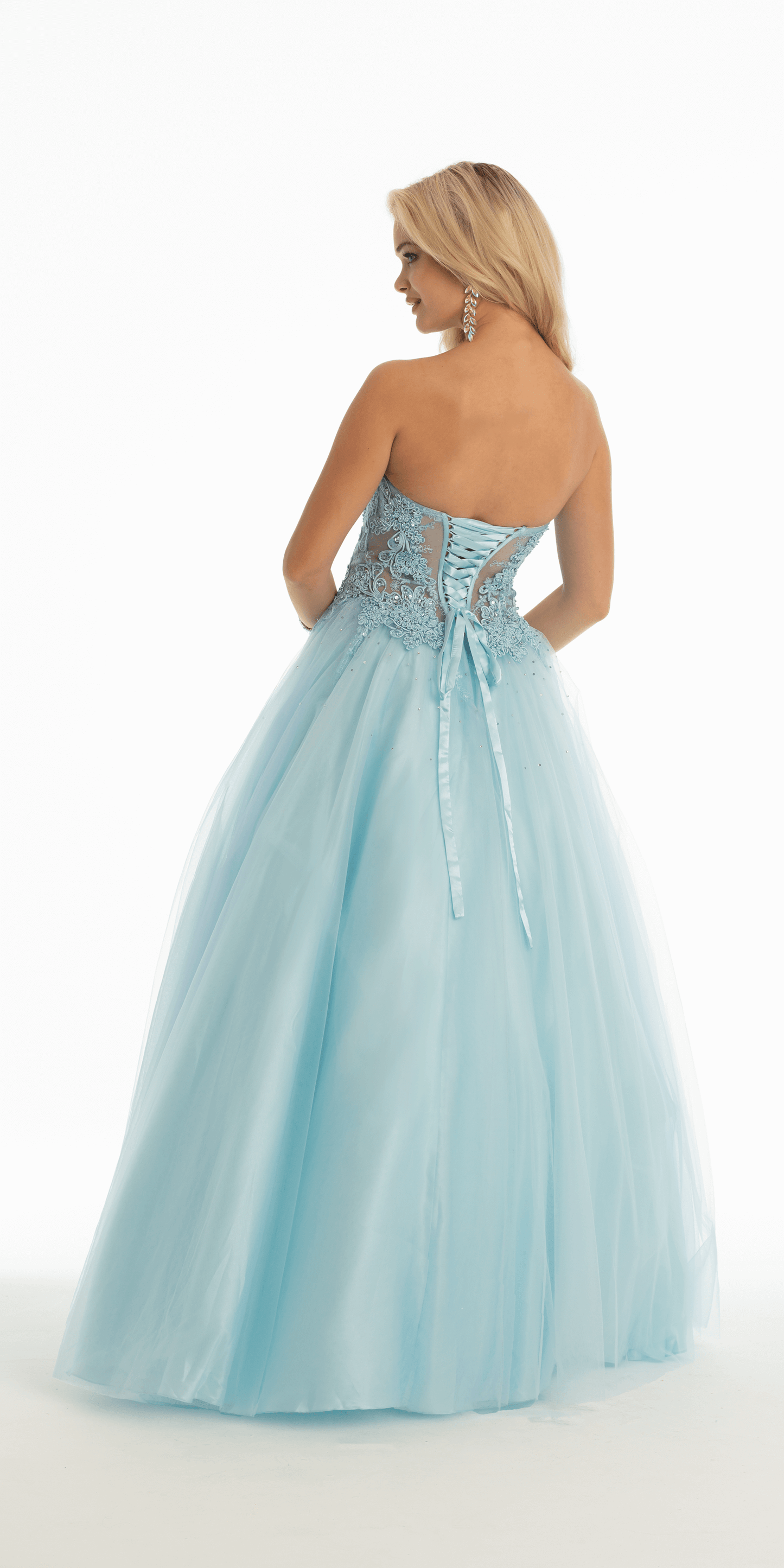 sky-blue Size 2 missy Camille La Vie Sweetheart Embroidered Corset Ballgown with Heat Set Stones