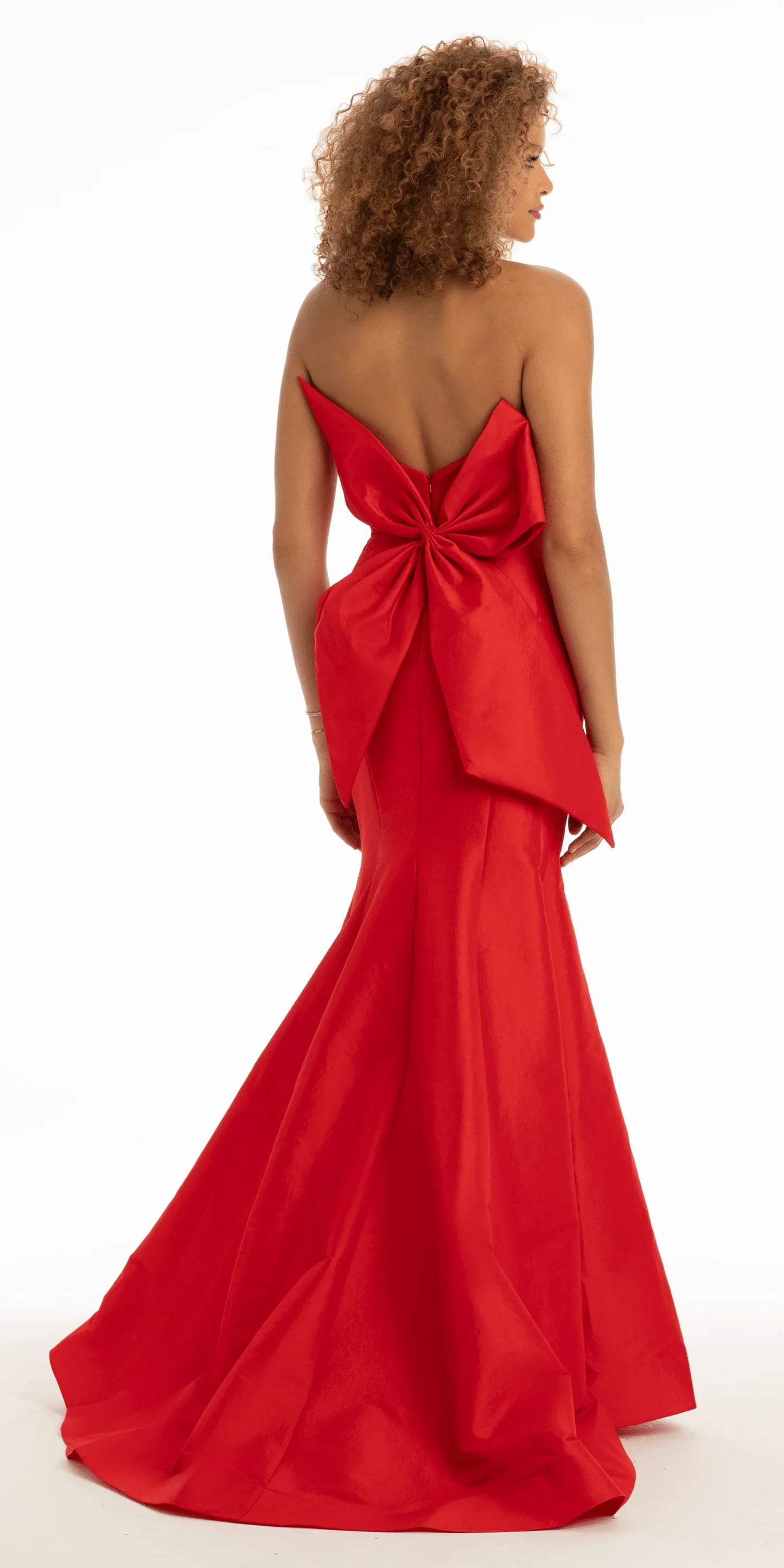 red/size/4/missy/Camille La Vie/Strapless Taffeta Mermaid Dress with Back Bow Detail /back