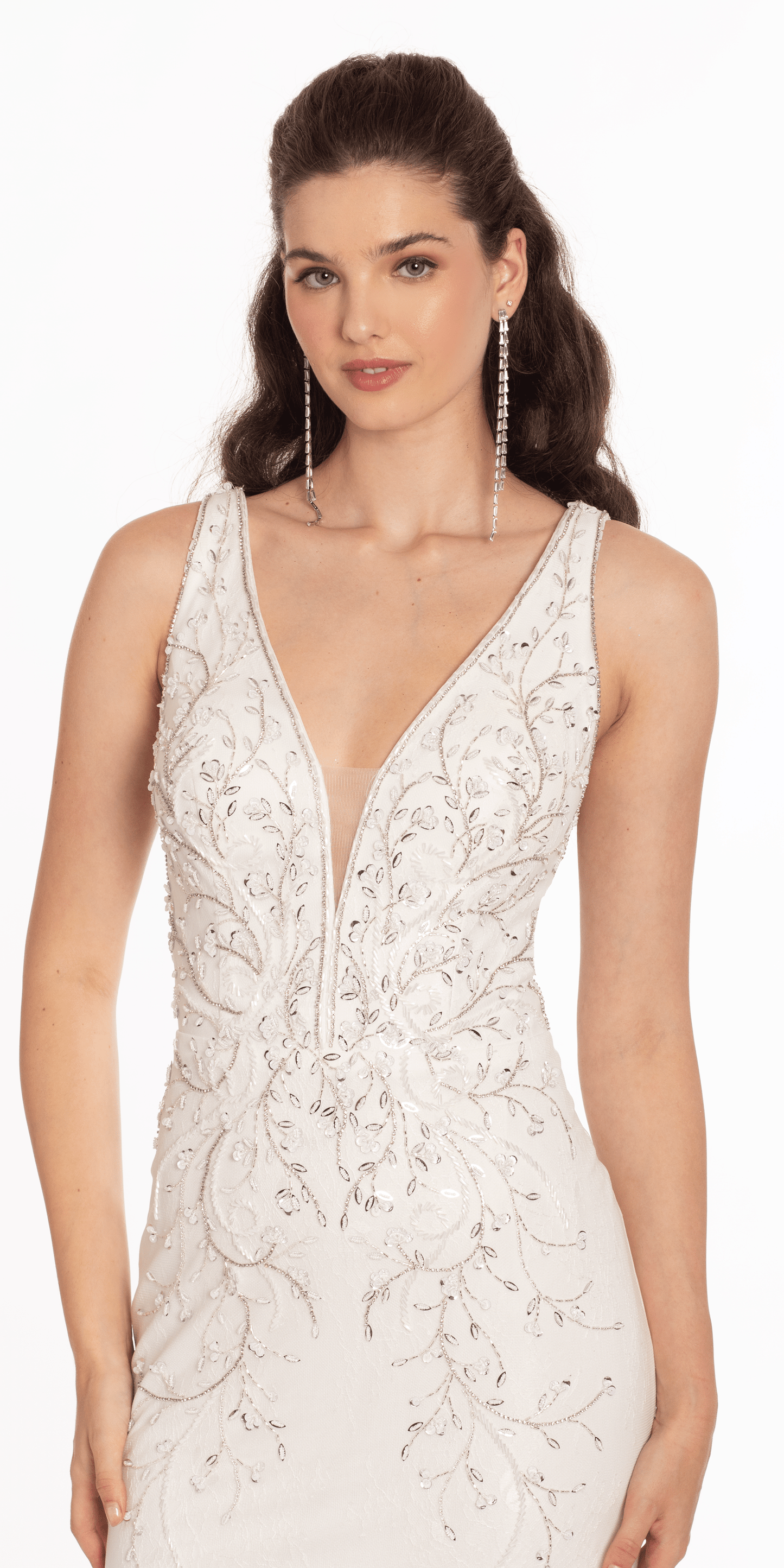 ivory Size 0 missy Camille La Vie Plunging Beaded Lace V Back Mermaid Dress