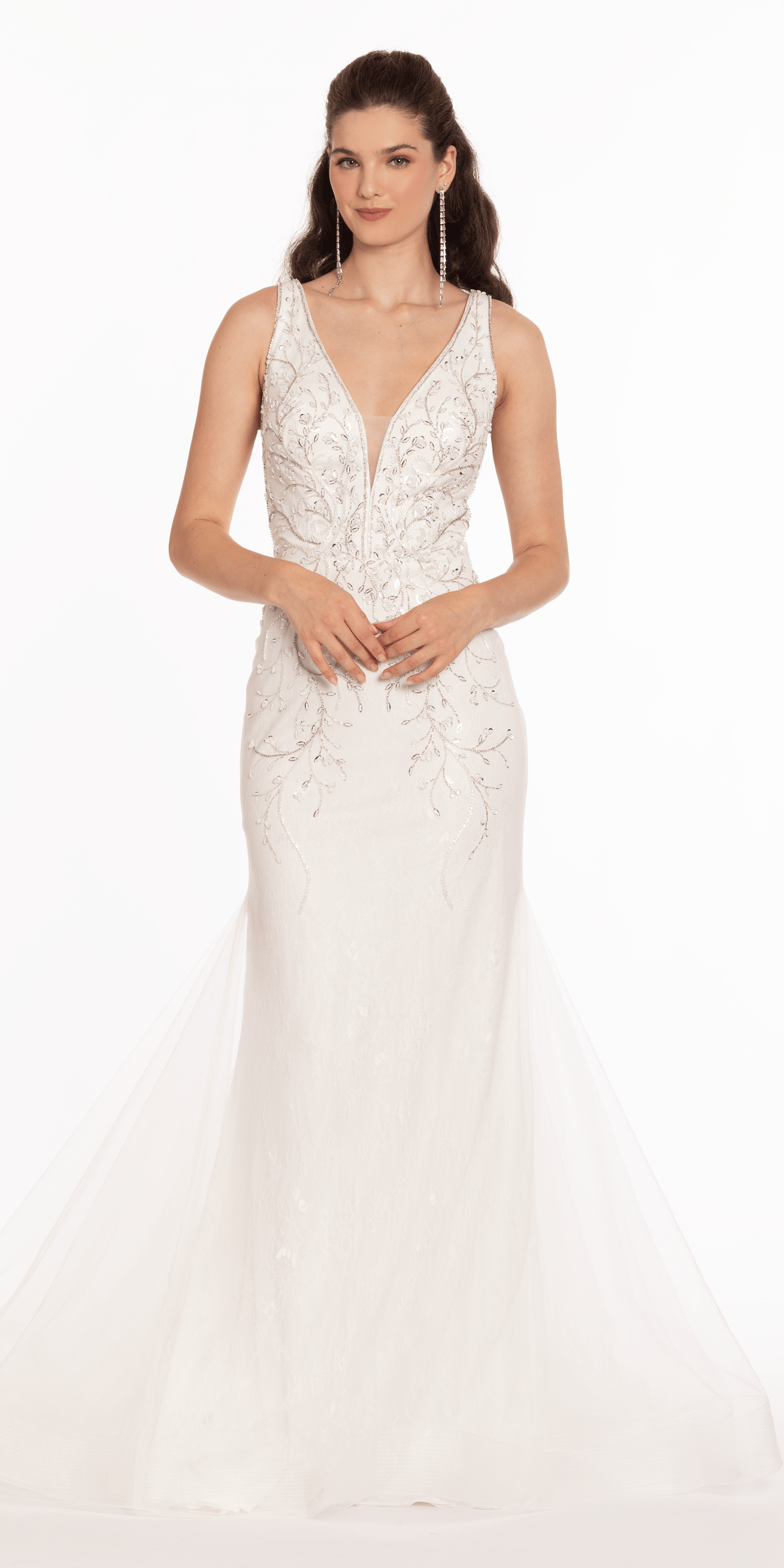 ivory Size 12 missy Camille La Vie Plunging Beaded Lace V Back Mermaid Dress