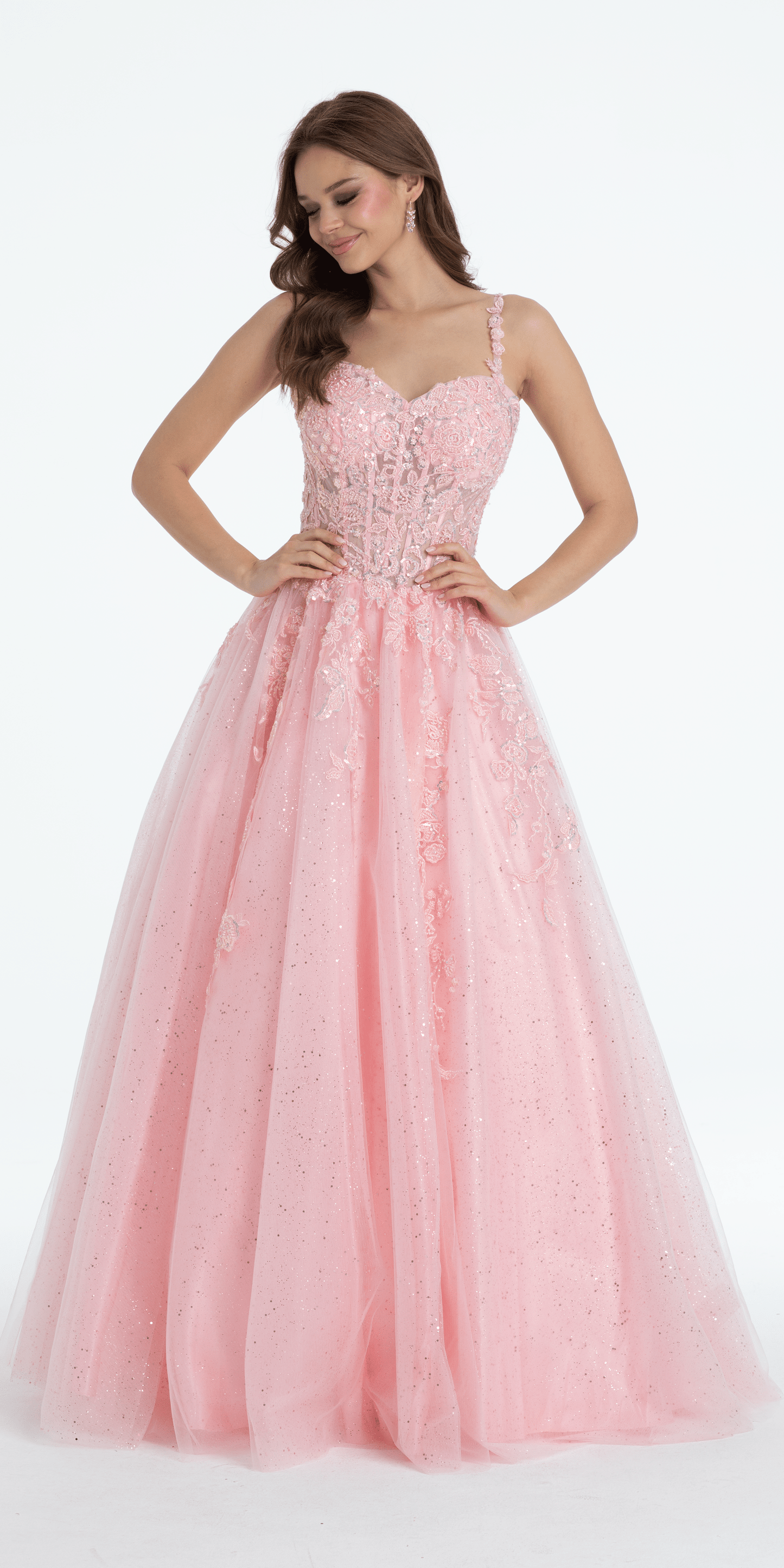 pink Size 0 missy Camille La Vie Sweetheart Floral Embroidered Lace Up Back Ballgown