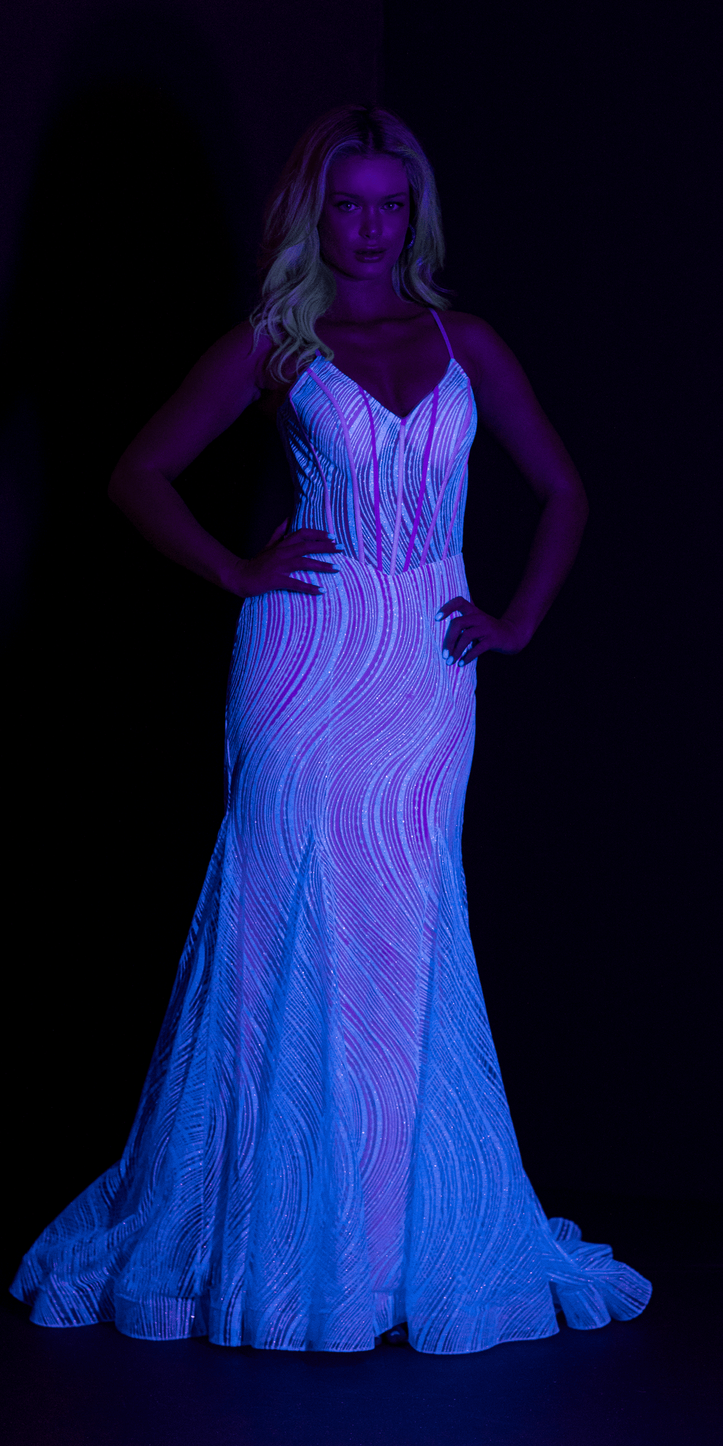 Camille La Vie /Glitter Glow in the Dark Swirl Sweetheart Corset Mermaid Dress with Godets /missy/ size/ 0/ periwinkle glow/front