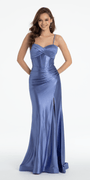 Foil Satin Twist Bodice Corset Column Dress with Side Slit Image 9