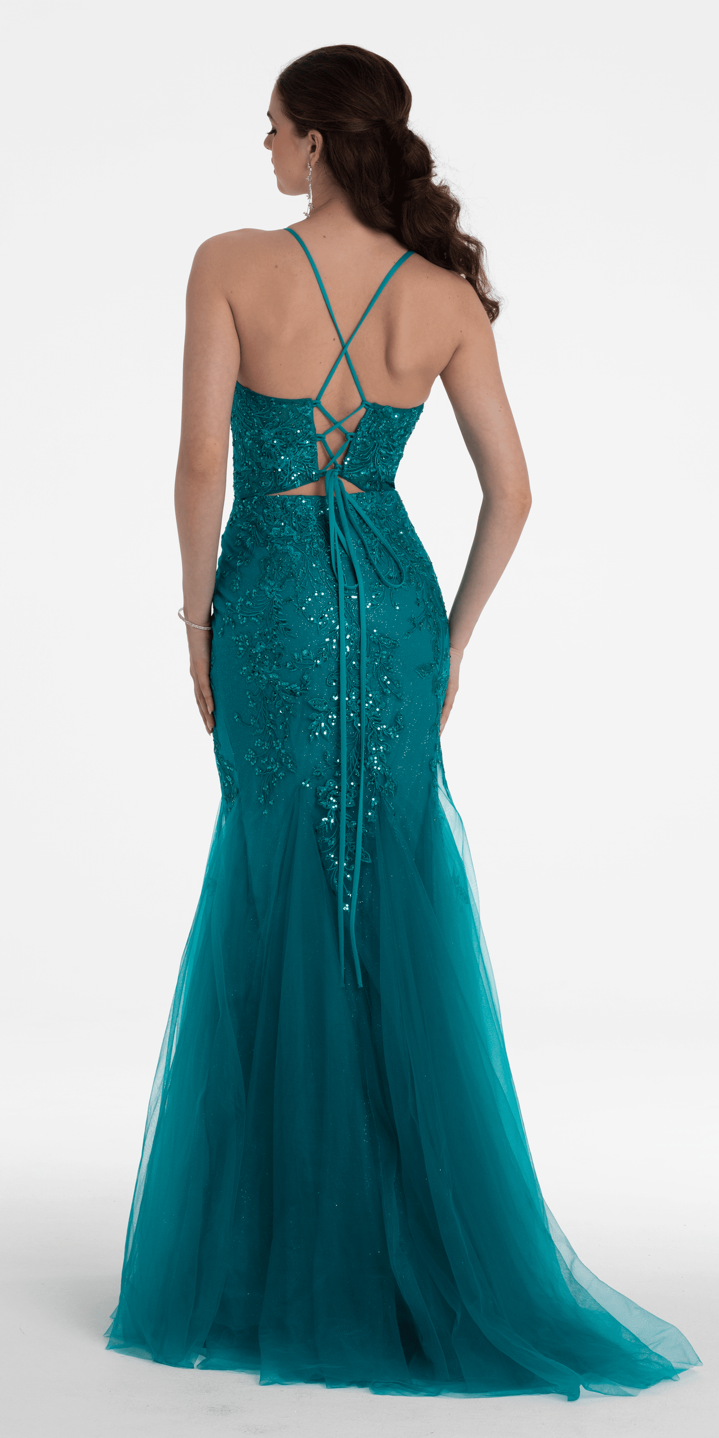 Camille La Vie /Strappy Lace Up Back Keyhole Embroidered Mermaid Dress/ missy /size /2/ emerald /back alt