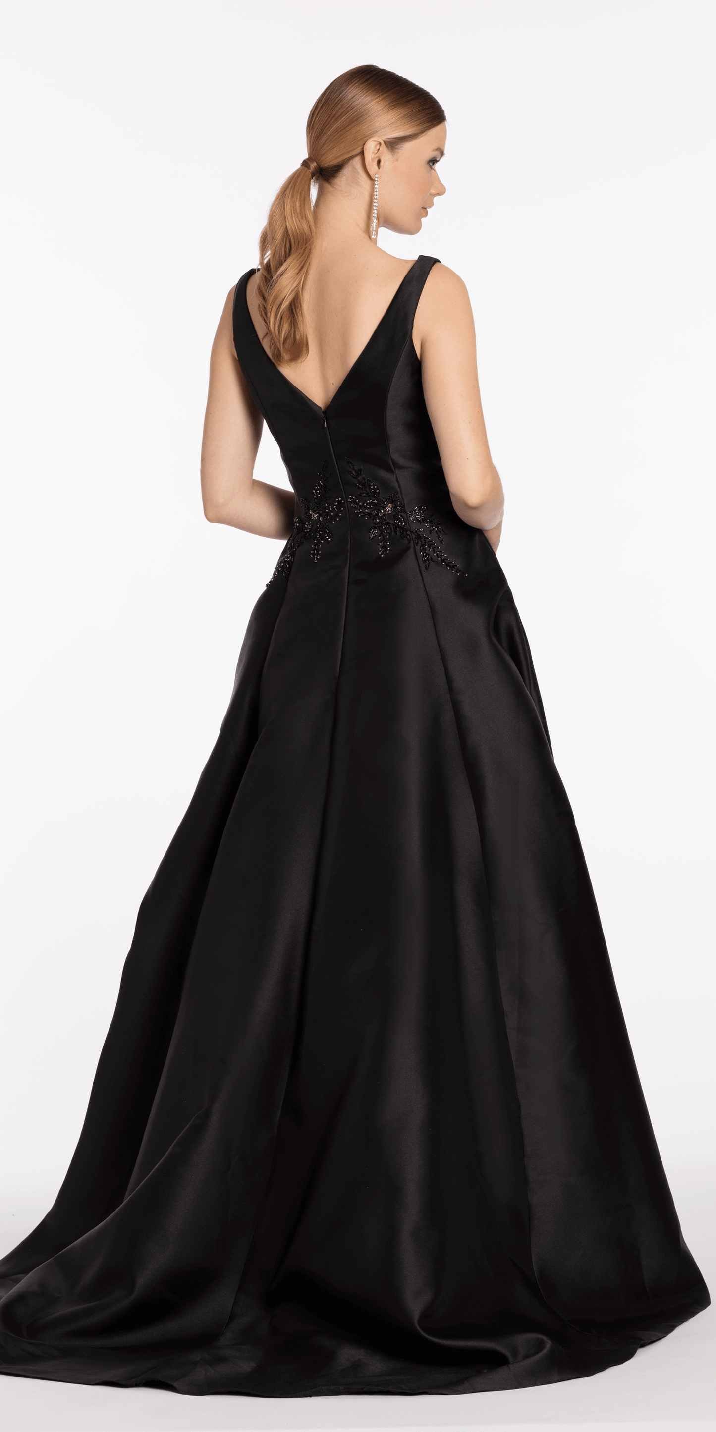 black/size/4/missy/Camille La Vie/Mikado Embellished Bateau Neck A Line Dress with Pockets/back
