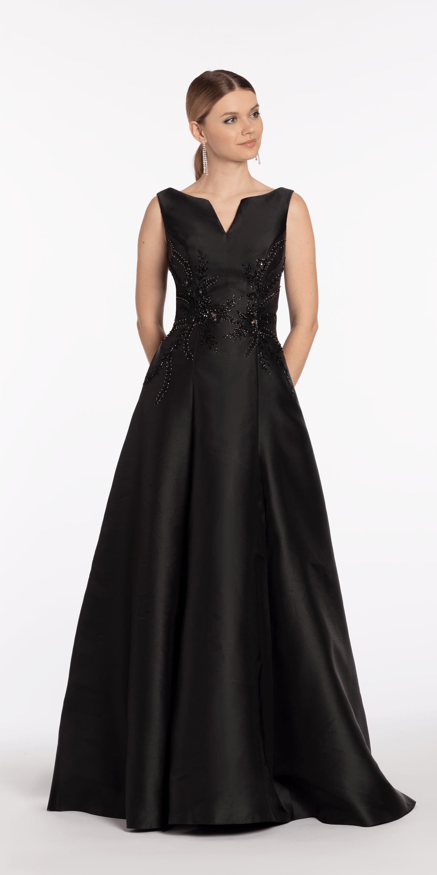Camille La Vie /Mikado Embellished Bateau Neck A Line Dress with Pockets/ missy/size/ 6/back/front