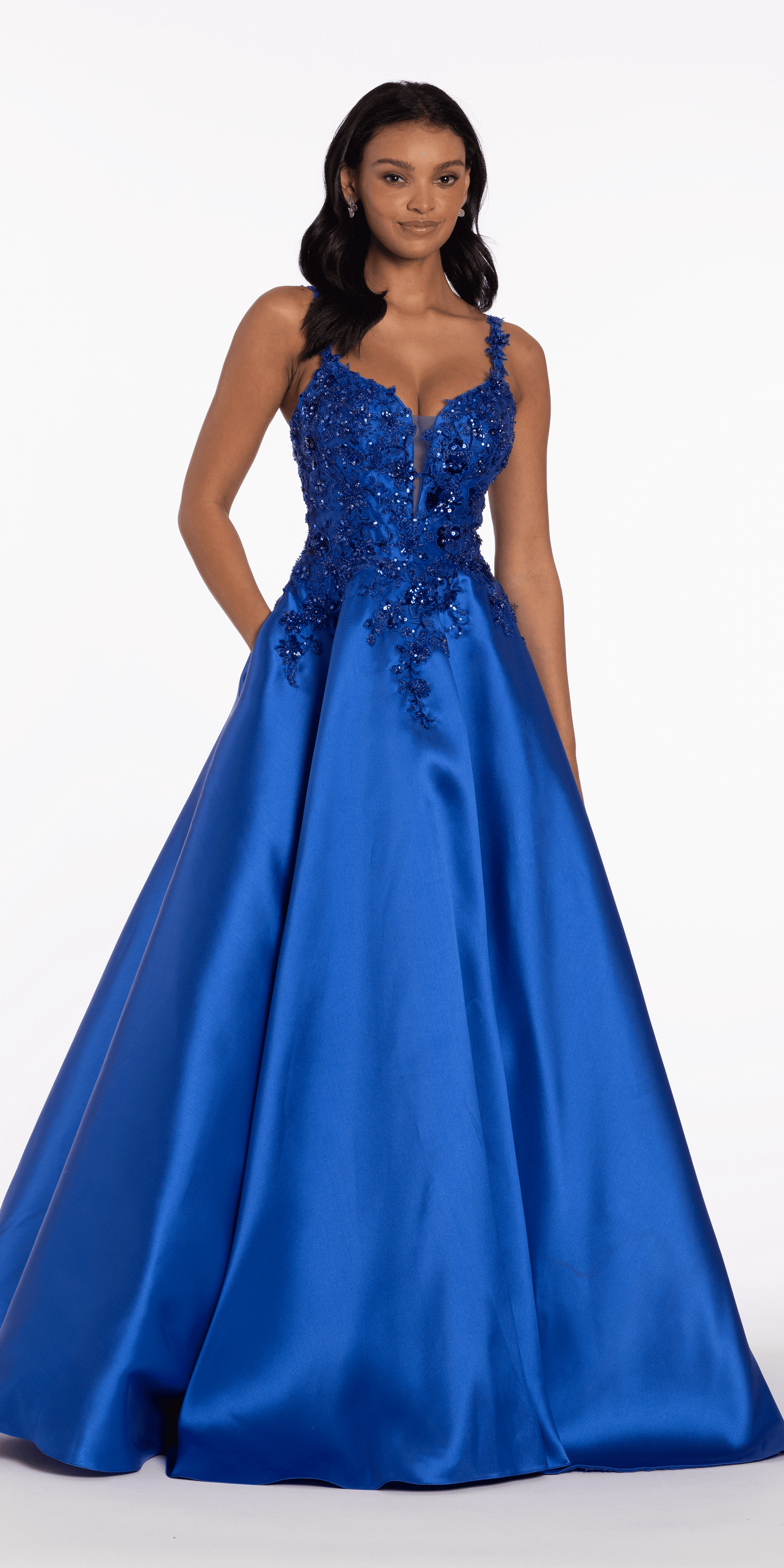 Camille La Vie /Sweetheart Floral Applique Mikado Ballgown with Pockets missy /size/ 0 / royal blue/front