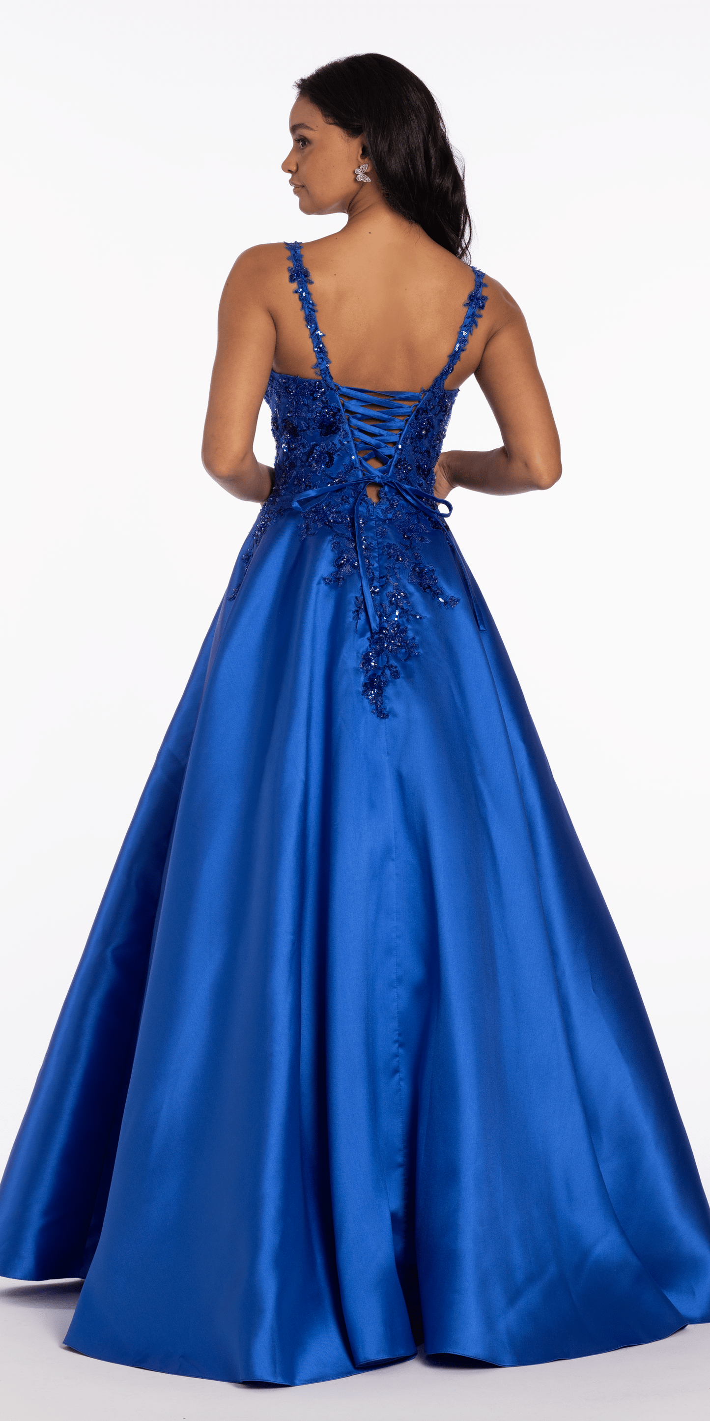 Camille La Vie /Sweetheart Floral Applique Mikado Ballgown with Pockets missy /size/ 0 / royal blue/ back