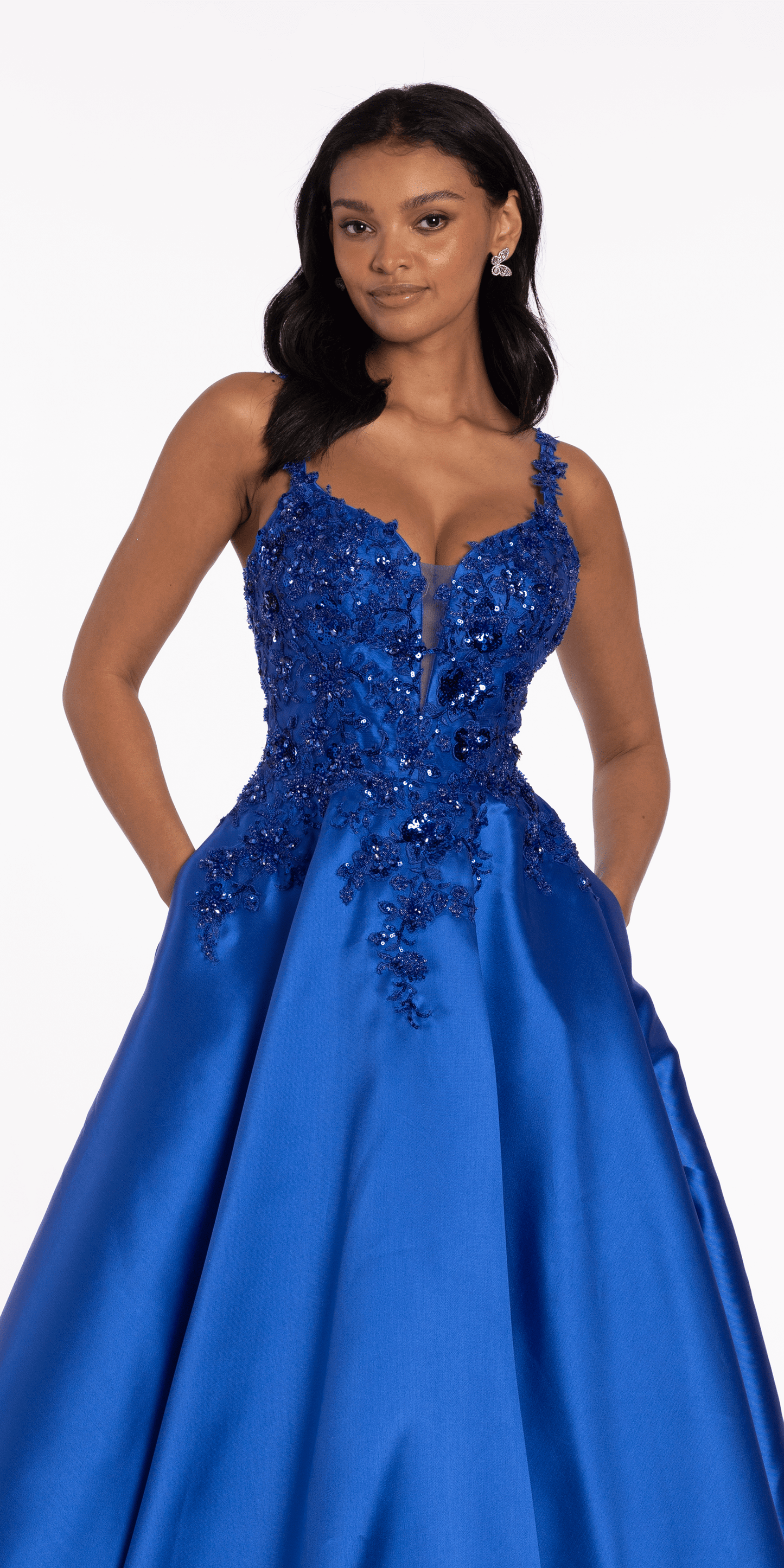 Camille La Vie /Sweetheart Floral Applique Mikado Ballgown with Pockets missy /size/ 0 / royal blue/ close up alt