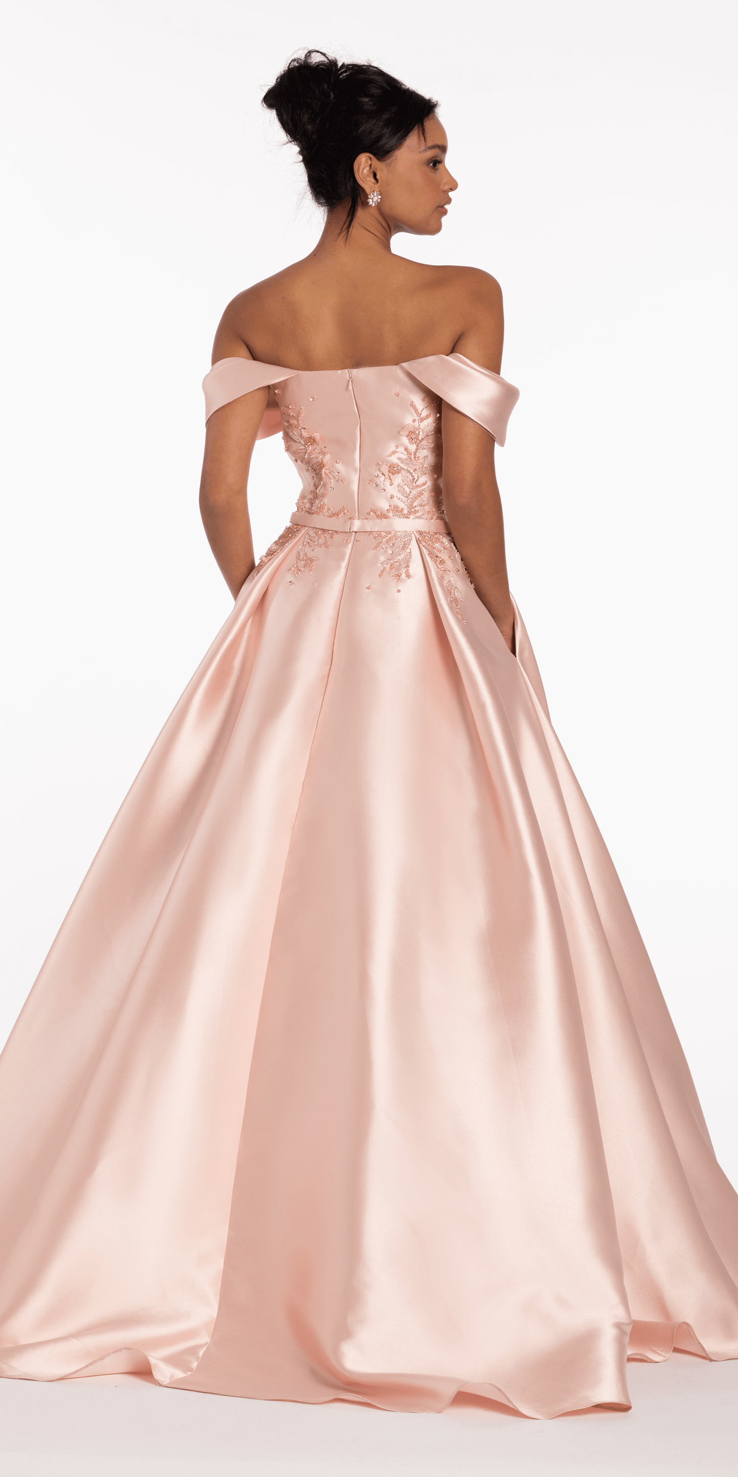 blush/size/4/missy/Camille La Vie/Beaded Mikado Off the Shoulder Ballgown with Pockets and Princess Pleats/back