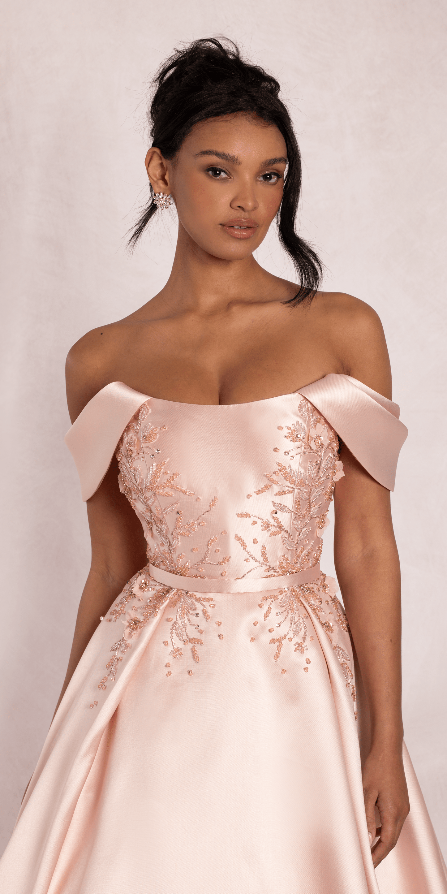 Camille La Vie/ Beaded Mikado Off the Shoulder Ballgown with Pockets and Princess Pleats/ missy/size /2/ blush/close up