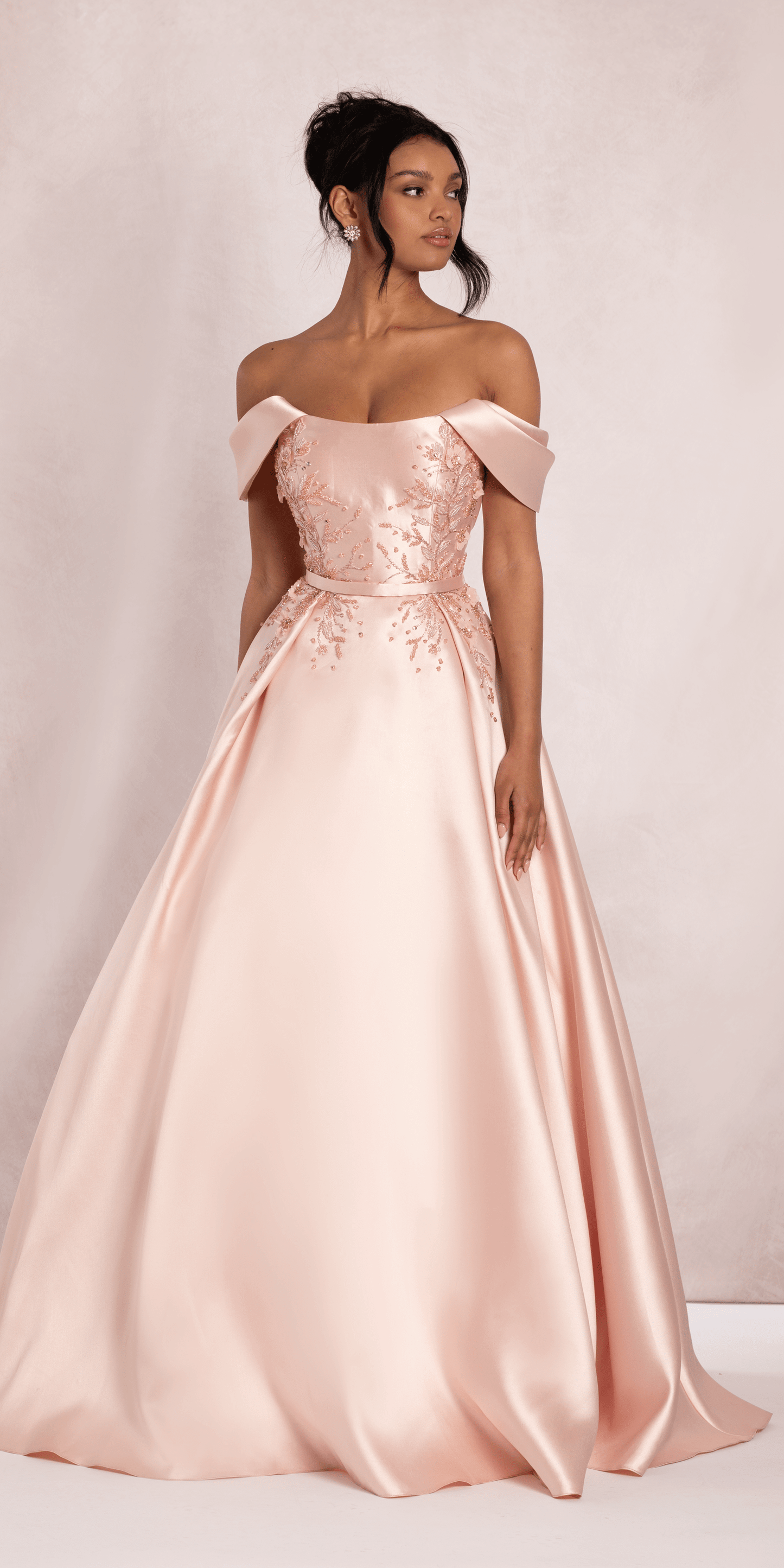 Camille La Vie/ Beaded Mikado Off the Shoulder Ballgown with Pockets and Princess Pleats/ missy/size /2/ blush/front 3