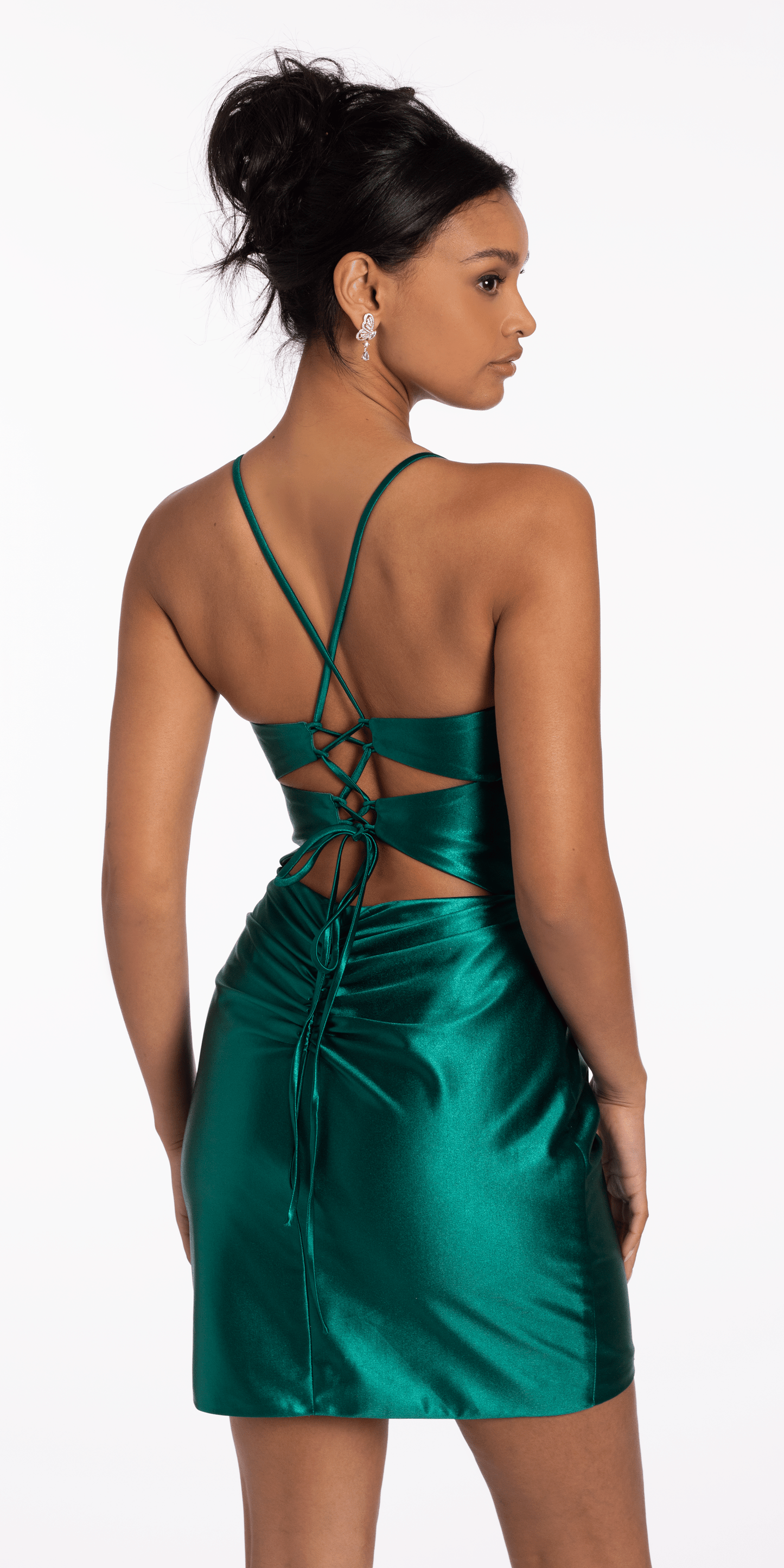 Camille La Vie/ Double Lace Up Pleated Foil Bodycon Dress/ missy / size 00 / emerald/back