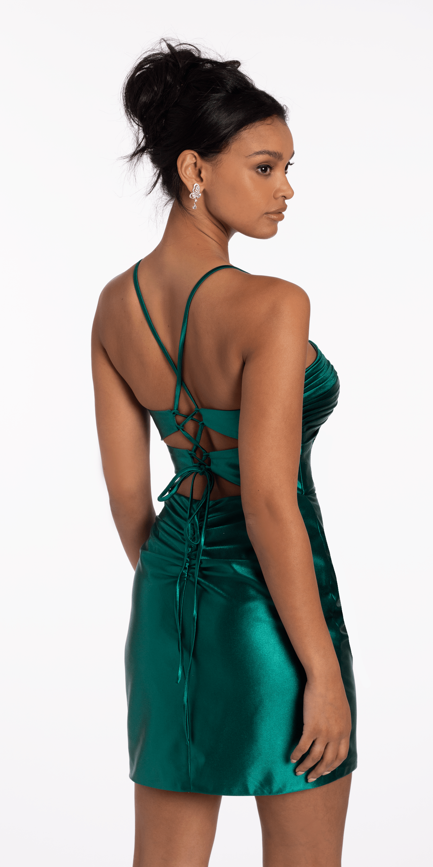 Camille La Vie/ Double Lace Up Pleated Foil Bodycon Dress/ missy / size 00 / emerald/back alt