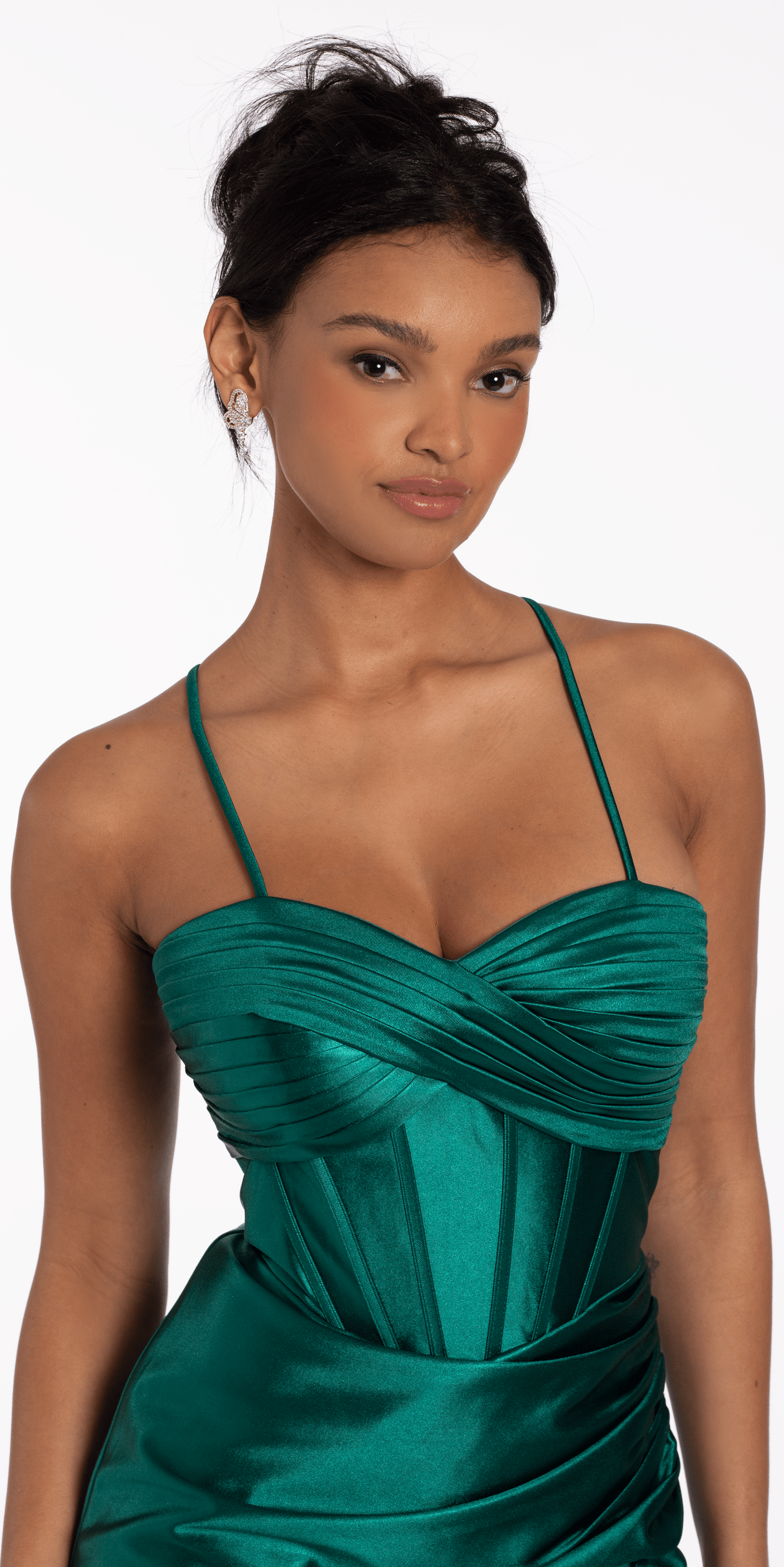 Camille La Vie/ Double Lace Up Pleated Foil Bodycon Dress/ missy / size 00 / emerald/close up