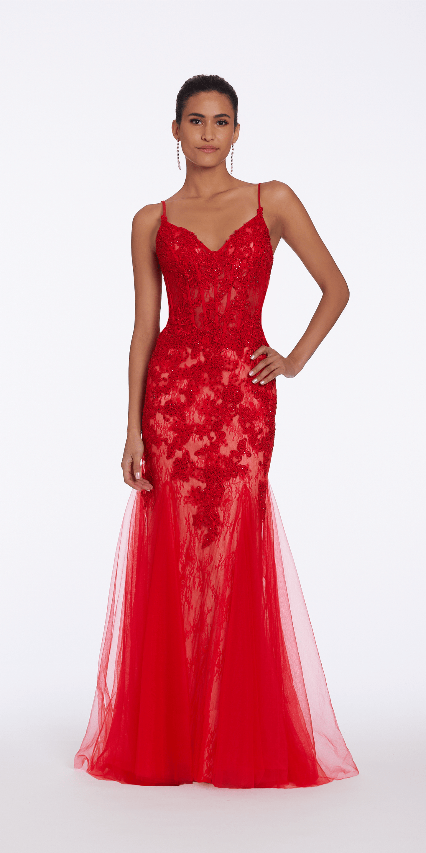 Camille La Vie All Over Embroidered Godet Dress with Heat Set Stones