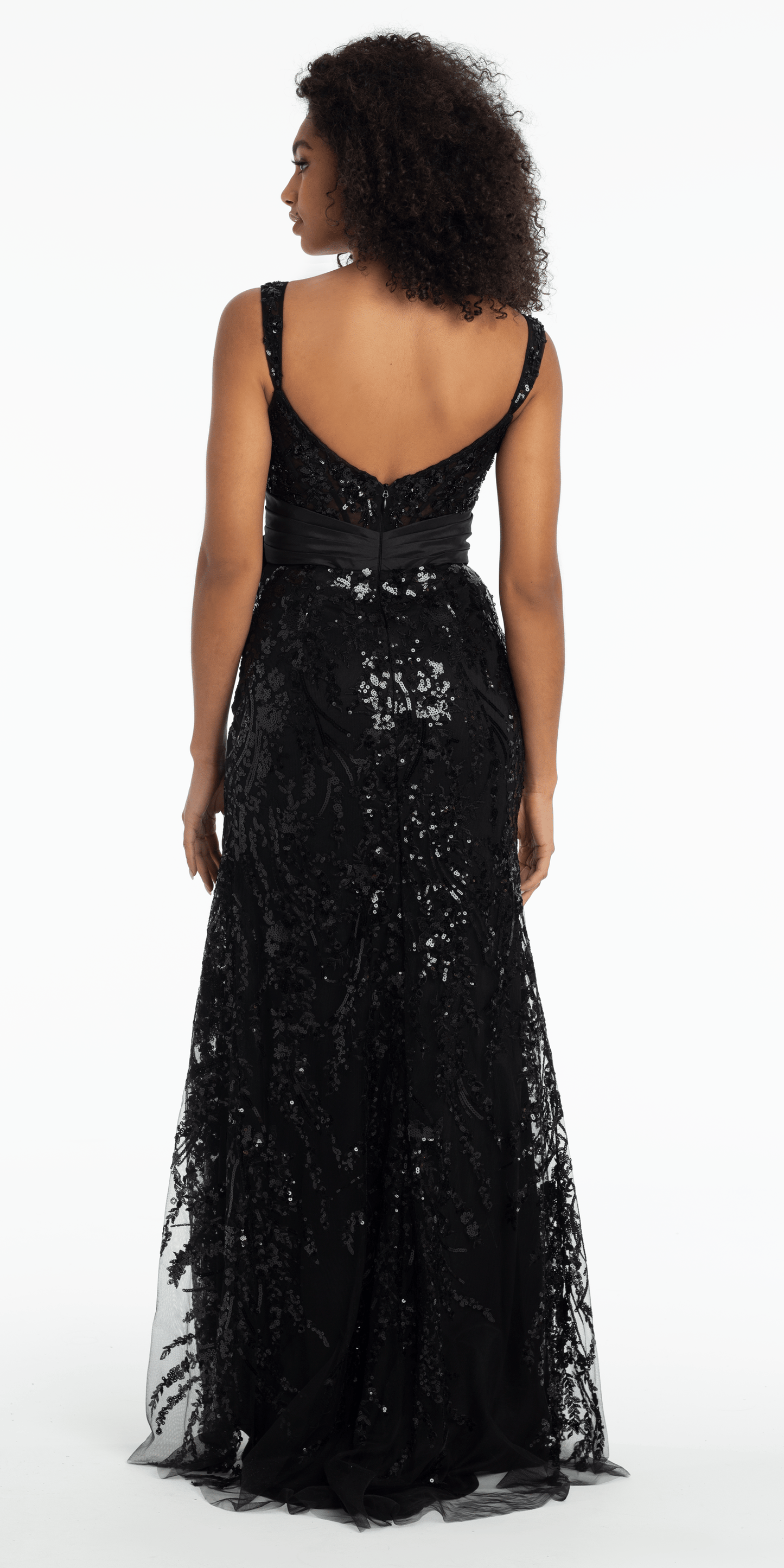 black/size/4/ missy/Mesh Sequin Sweetheart Column Dress with Taffeta Waist Bow/back