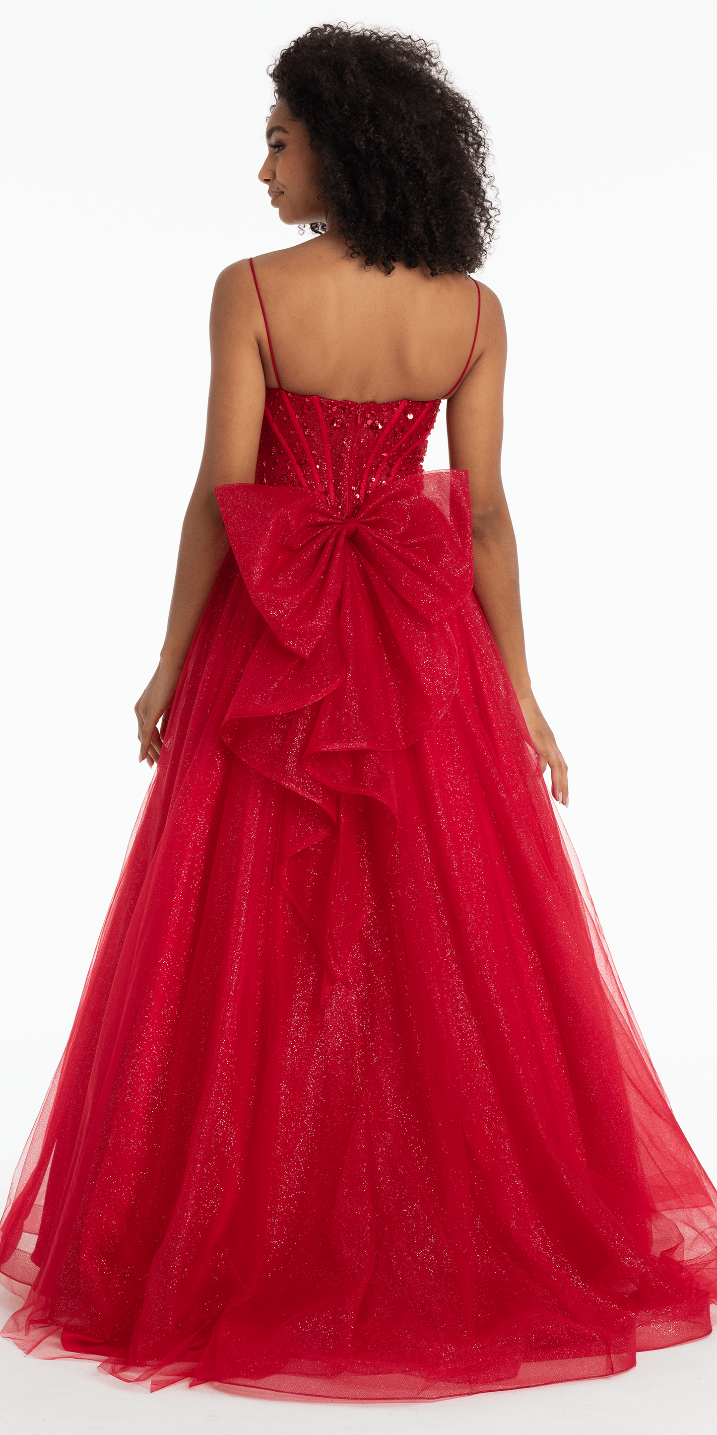 red/size/4/missy/Camille La Vie/Beaded Plunge Corset Glitter Tulle Ballgown with Bow Back/back