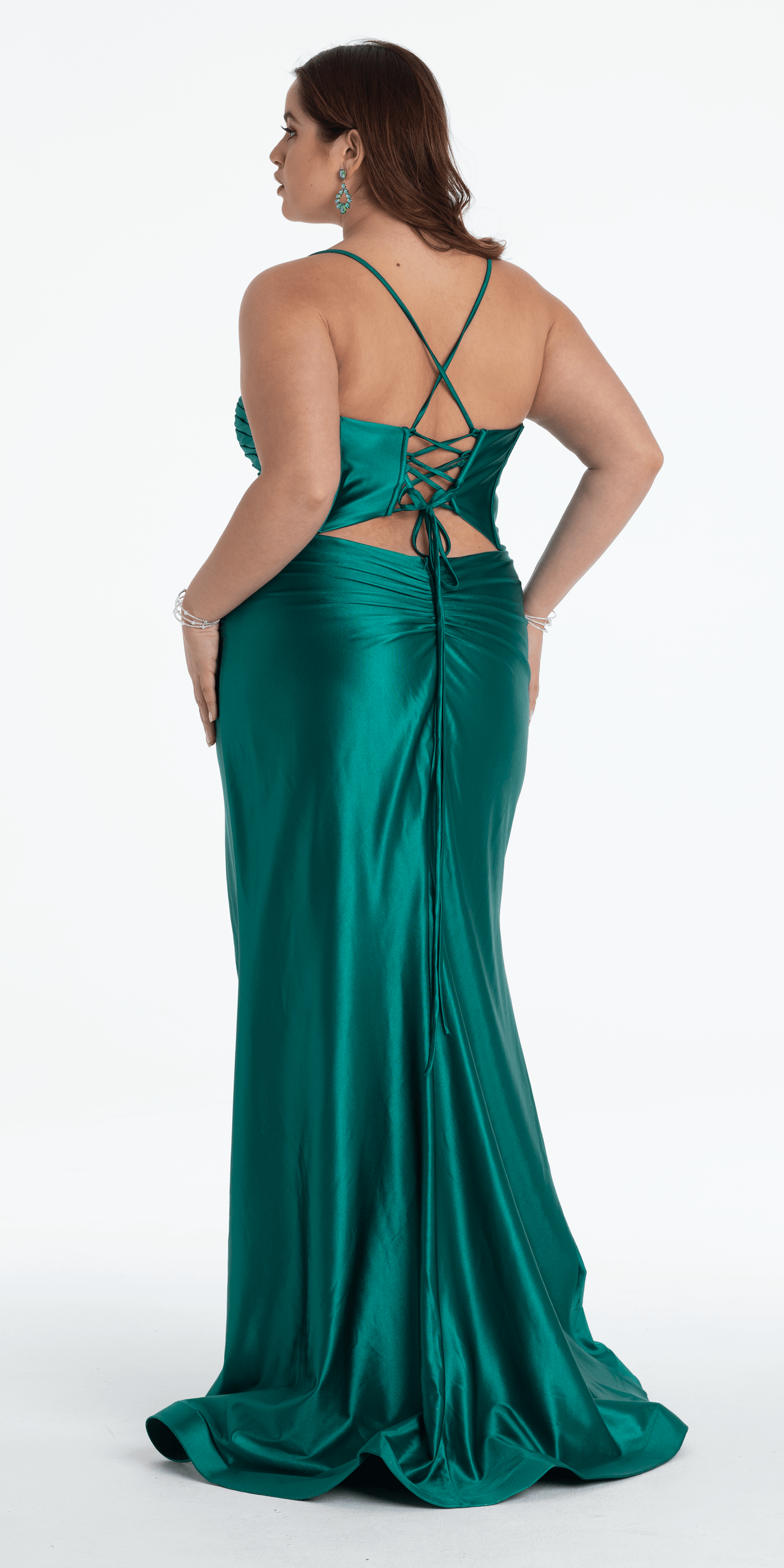 Camille La Vie/ Foil Satin Twist Bodice Corset Column Dress with Side Slit /plus / 16 /emerald/back 2