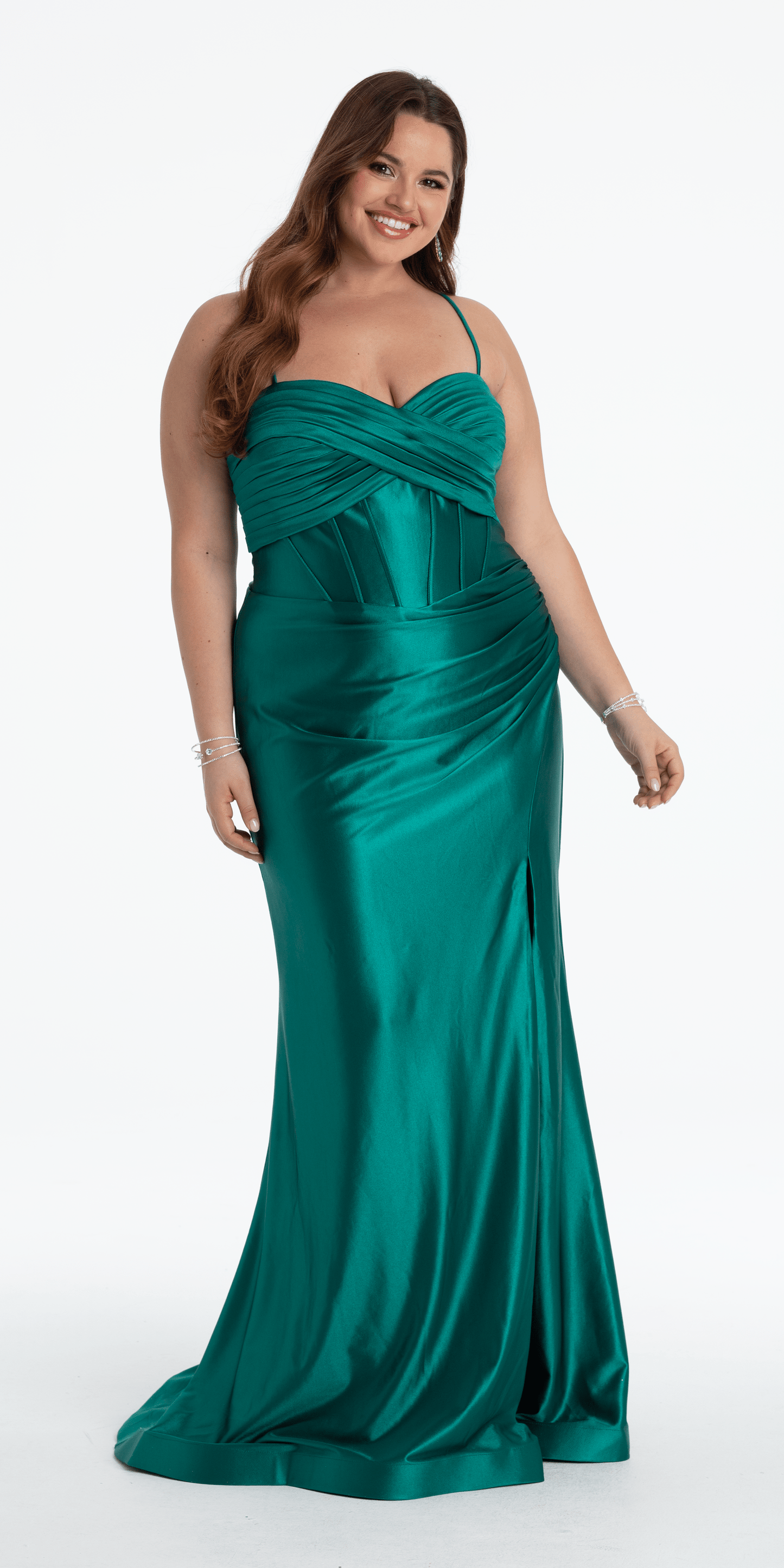 Camille La Vie/ Foil Satin Twist Bodice Corset Column Dress with Side Slit /plus / 16 / emerald/front