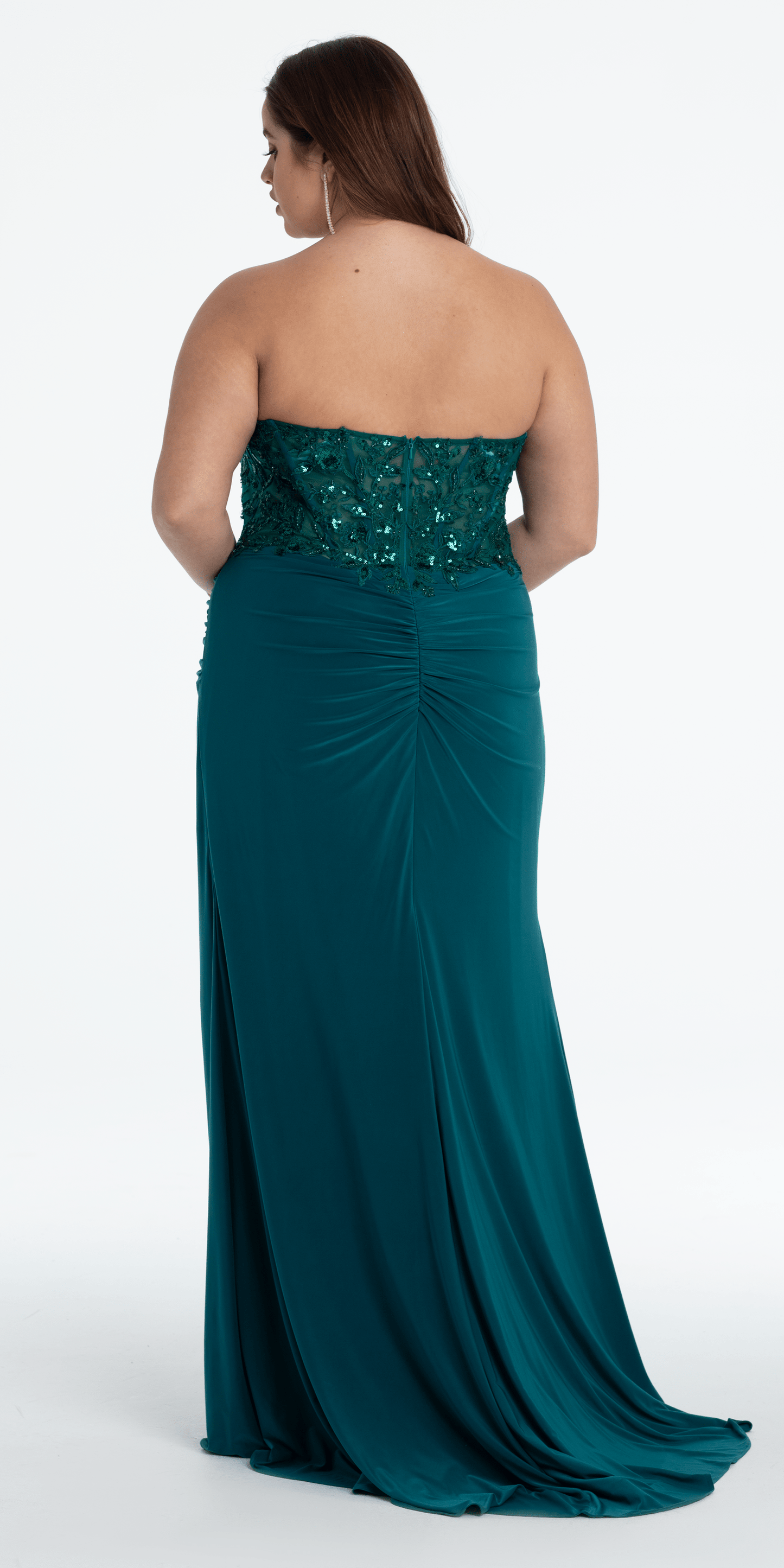 dusty-blue Size 00 missy Camille La Vie Strapless Embellished Drape Corset Jersey Column Dress