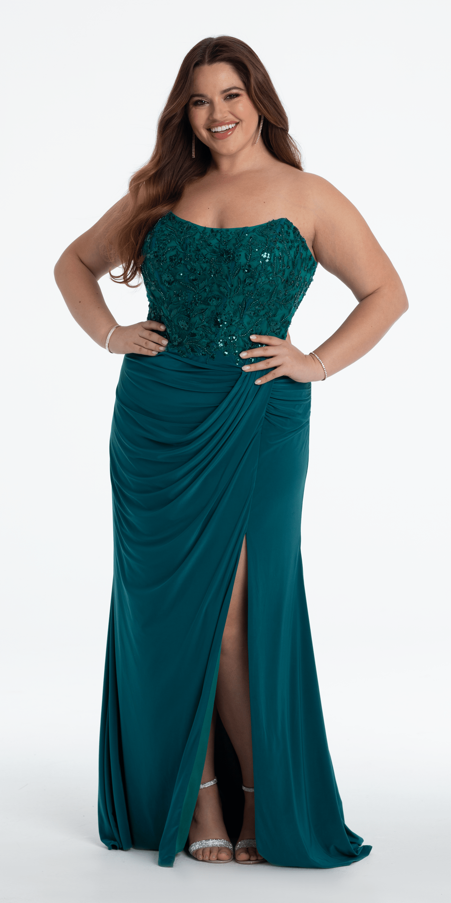 dusty-blue Size 00 missy Camille La Vie Strapless Embellished Drape Corset Jersey Column Dress