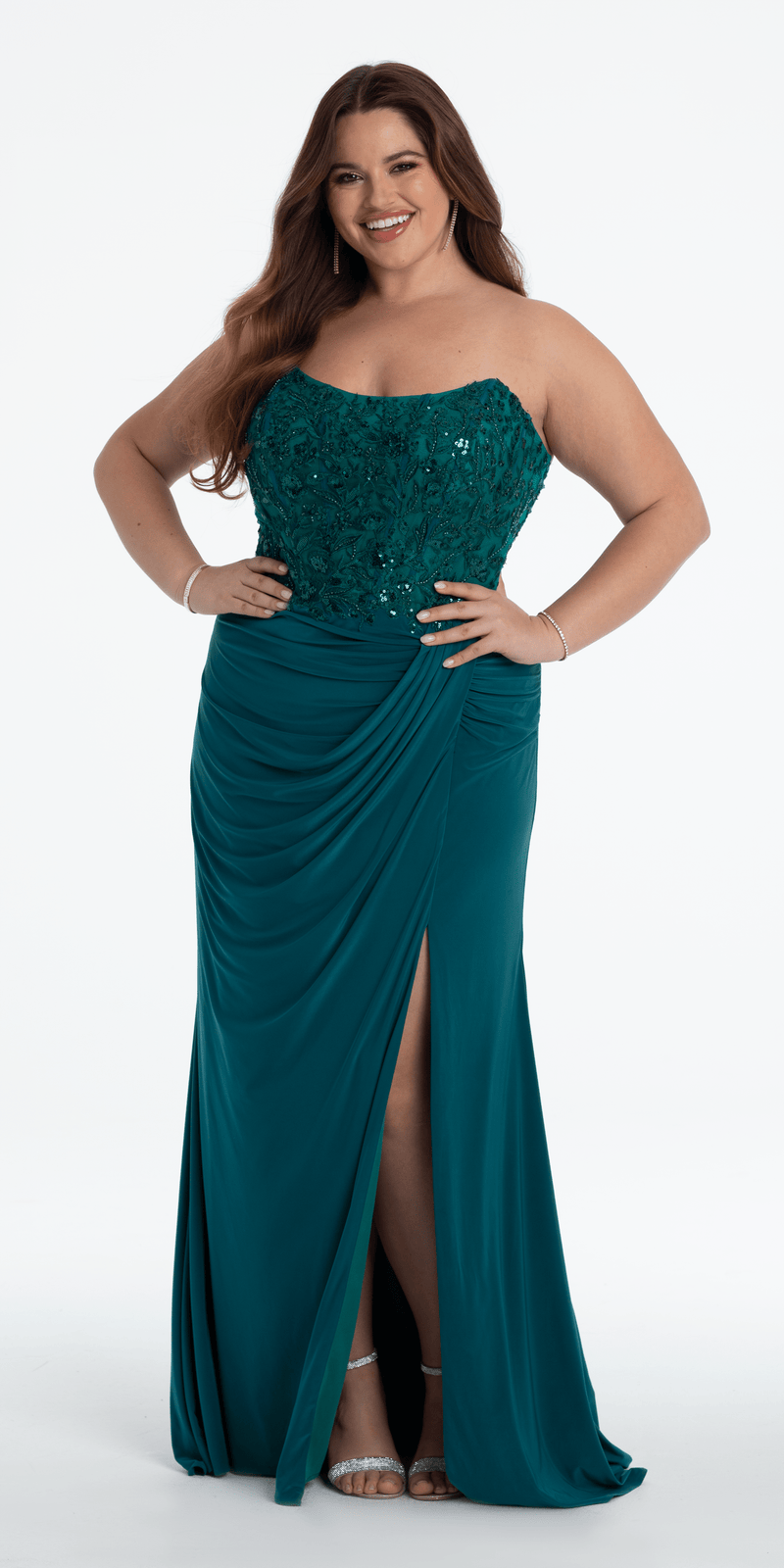 Strapless Embellished Drape Corset Jersey Column Dress Image 1