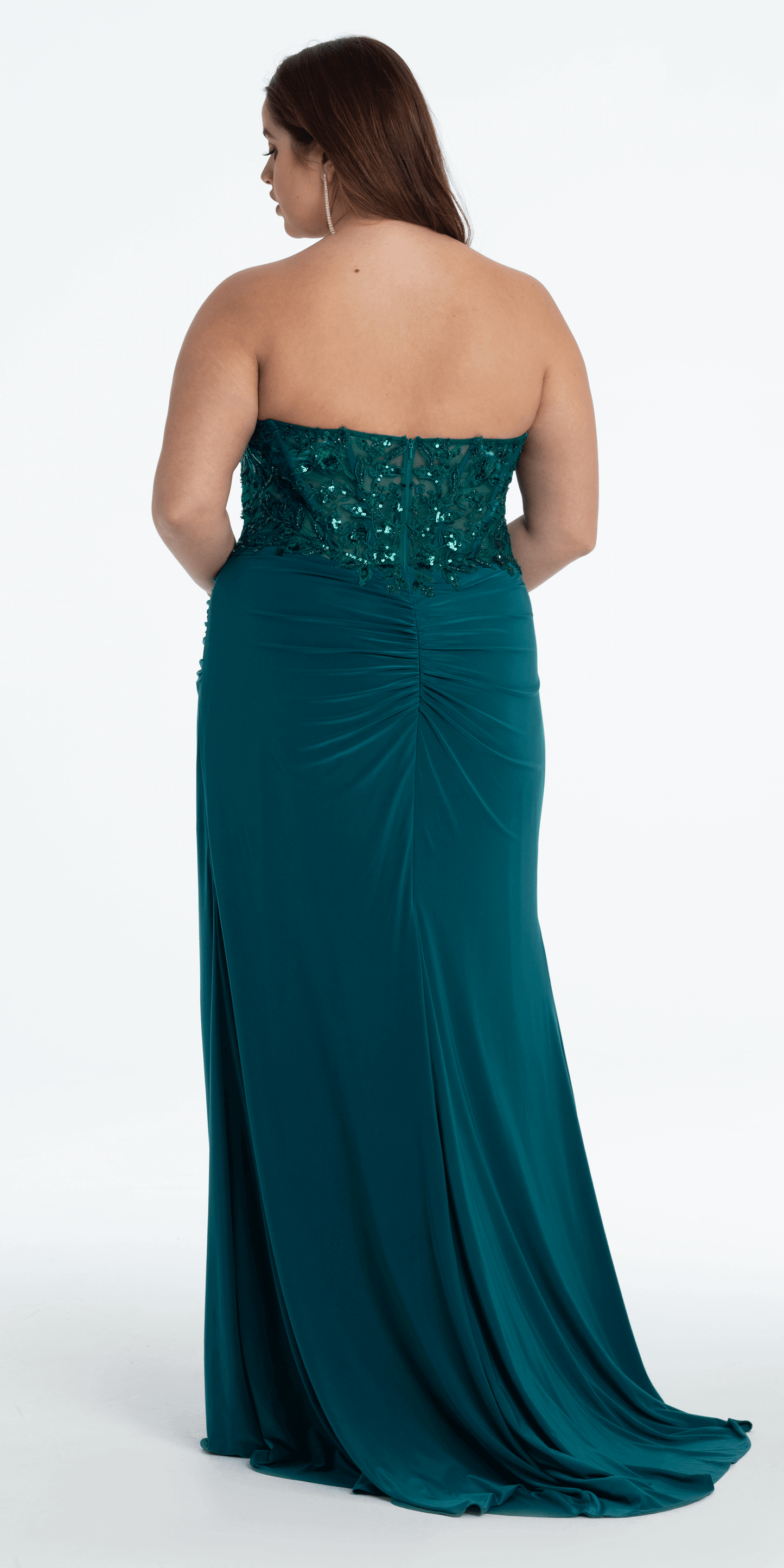 dark-green/size/14/plus/Camille La Vie/Strapless Embellished Drape Corset Jersey Column Dress/back