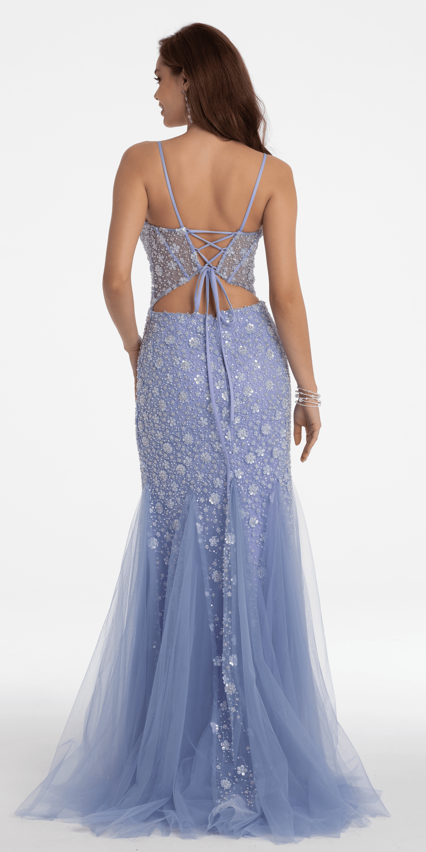 Camille La Vie /Plunging Pearl Corset Embellished Keyhole Back Dress/ missy /size/ 0 /periwinkle/ front/ back