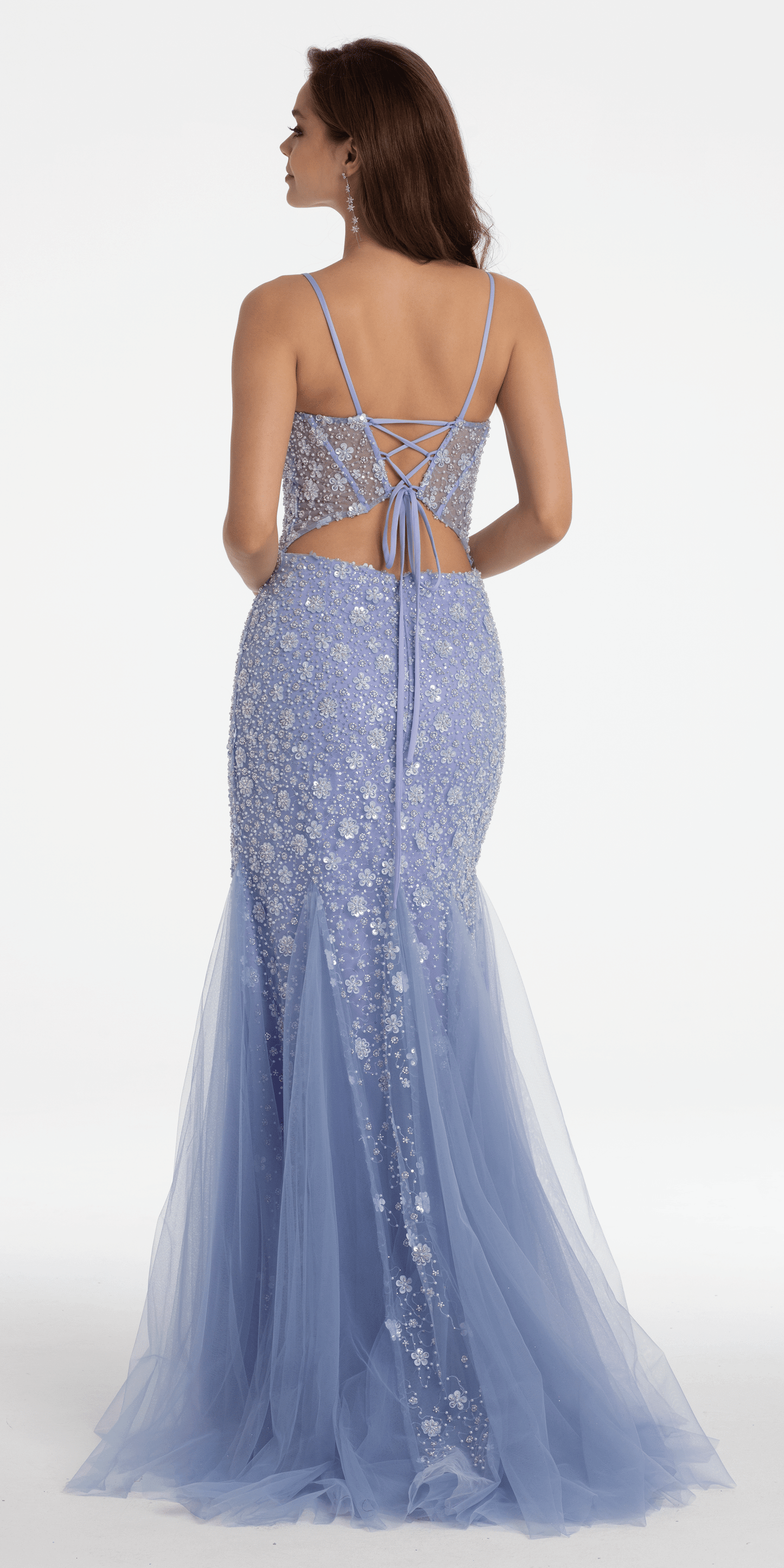 Camille La Vie /Plunging Pearl Corset Embellished Keyhole Back Dress/ missy /size/ 0 /periwinkle/ front/ back alt